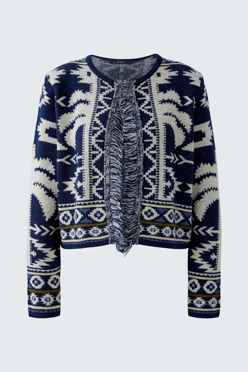 Damen-Strickjacke: Dunkelblaue Jacke mit fransigem Detail und grafischem Muster.