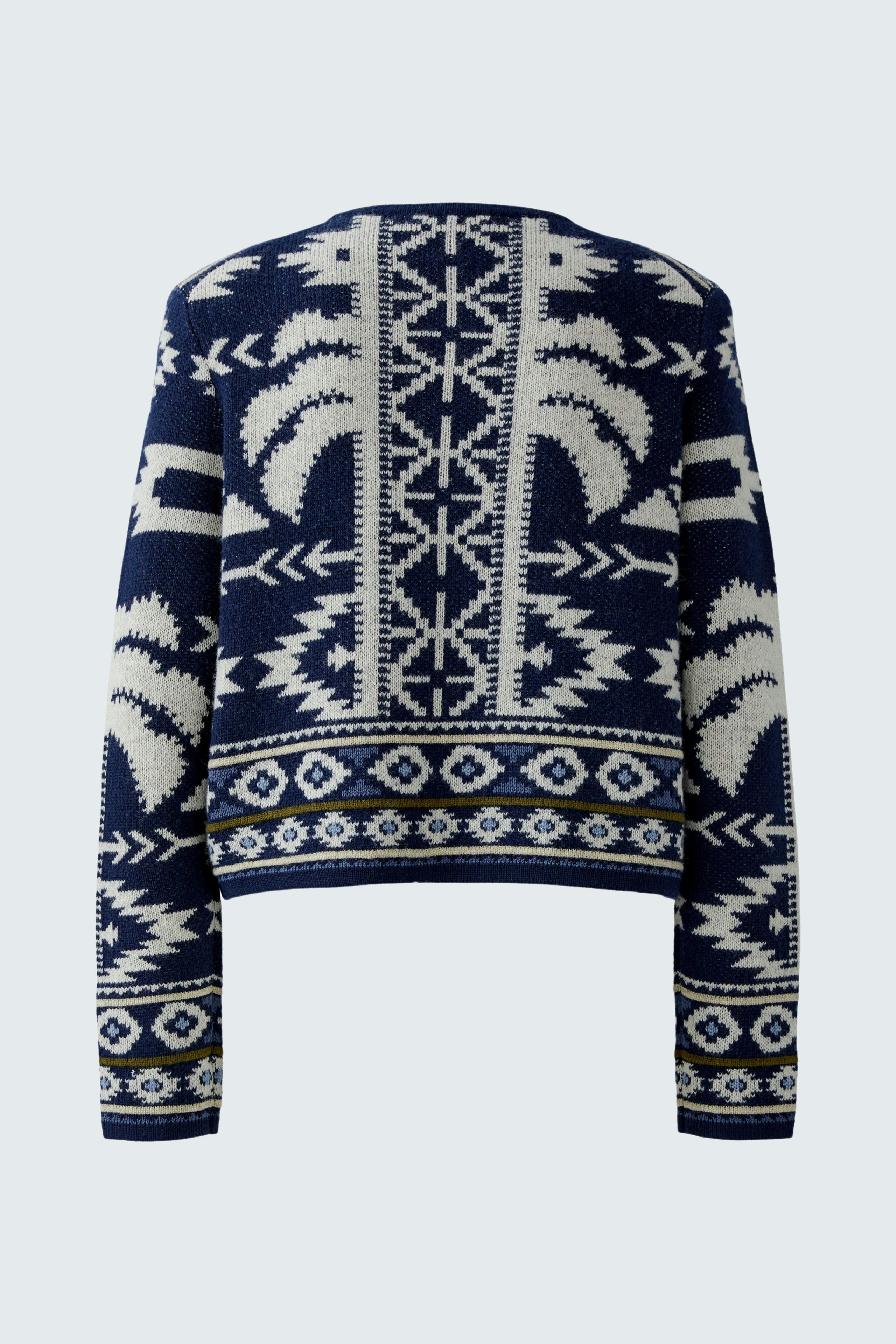 Casual women's cardigan: Cozy navy sweater with white patterns, perfect for layering.