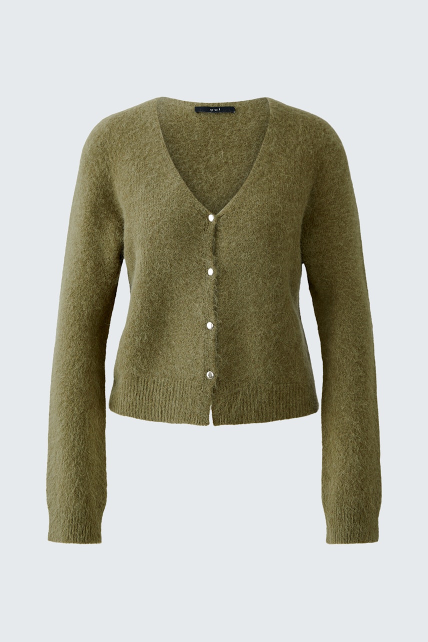 Bequeme Damen-Strickjacke in Olivgrün mit V-Ausschnitt und Knöpfen, ideal für lässige Outfits.