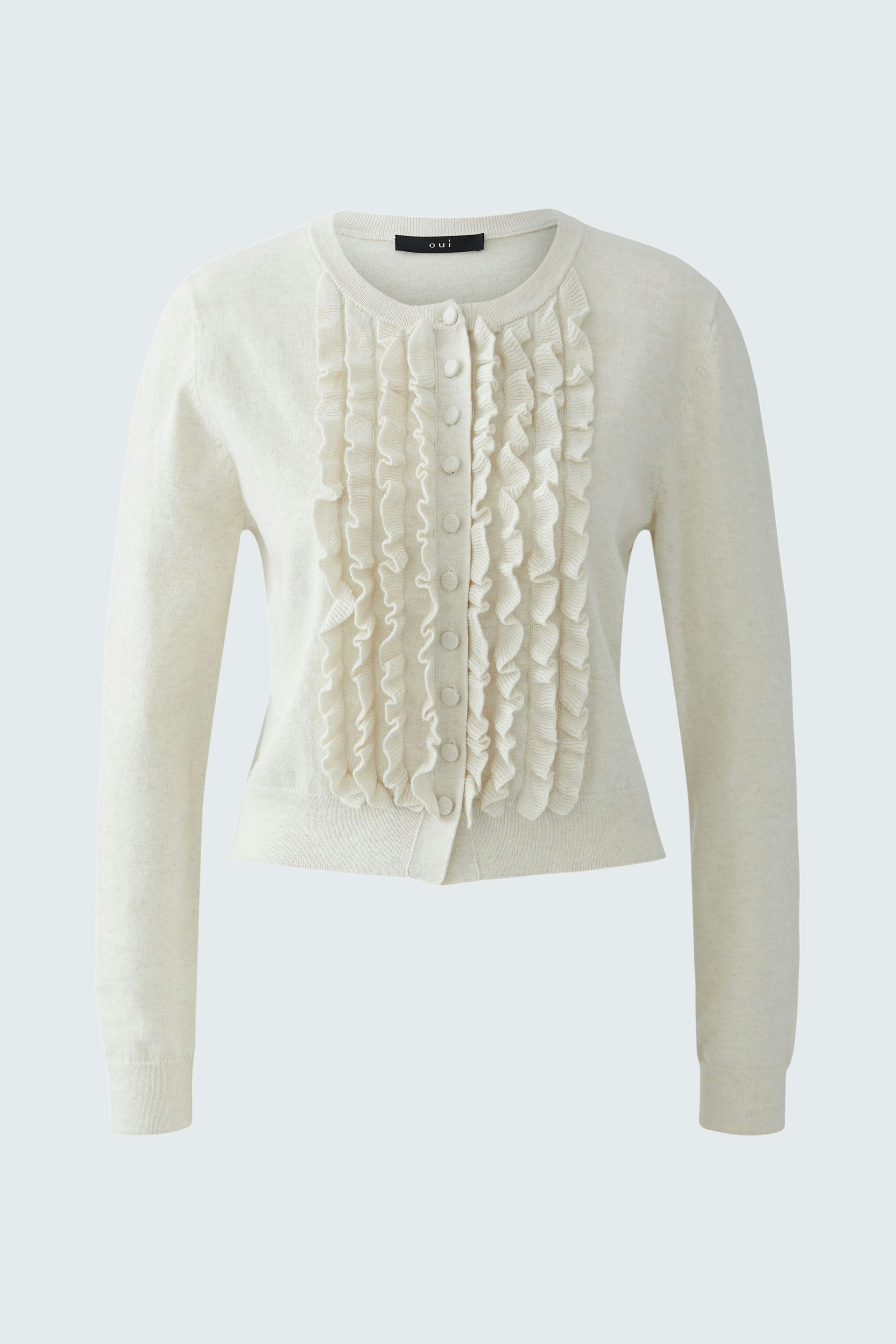 Casual women's cardigan: Cream-colored with ruffled front, perfect for layering.