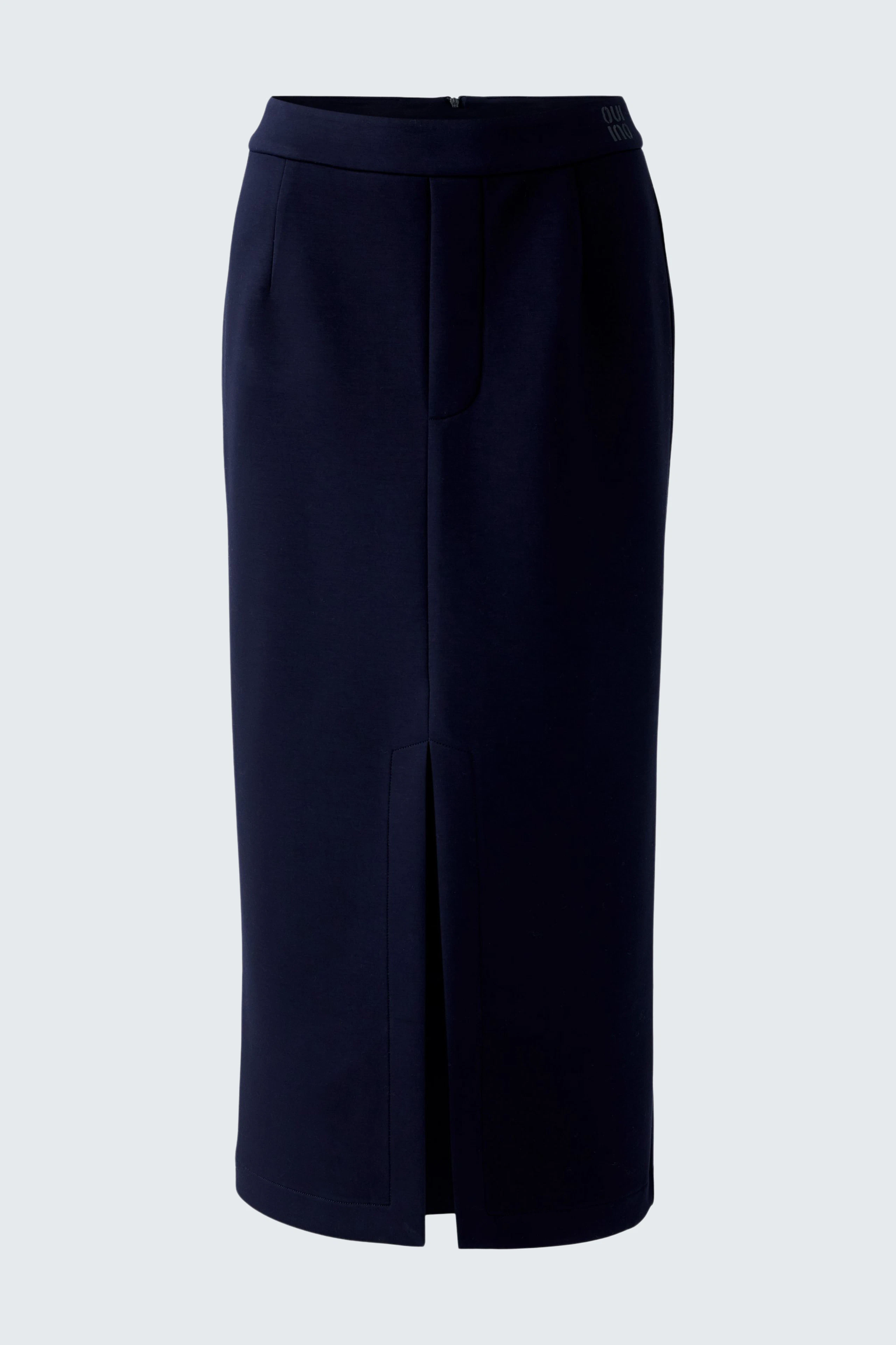 Navy pencil skirt with a front slit, designed for a modern woman's wardrobe.