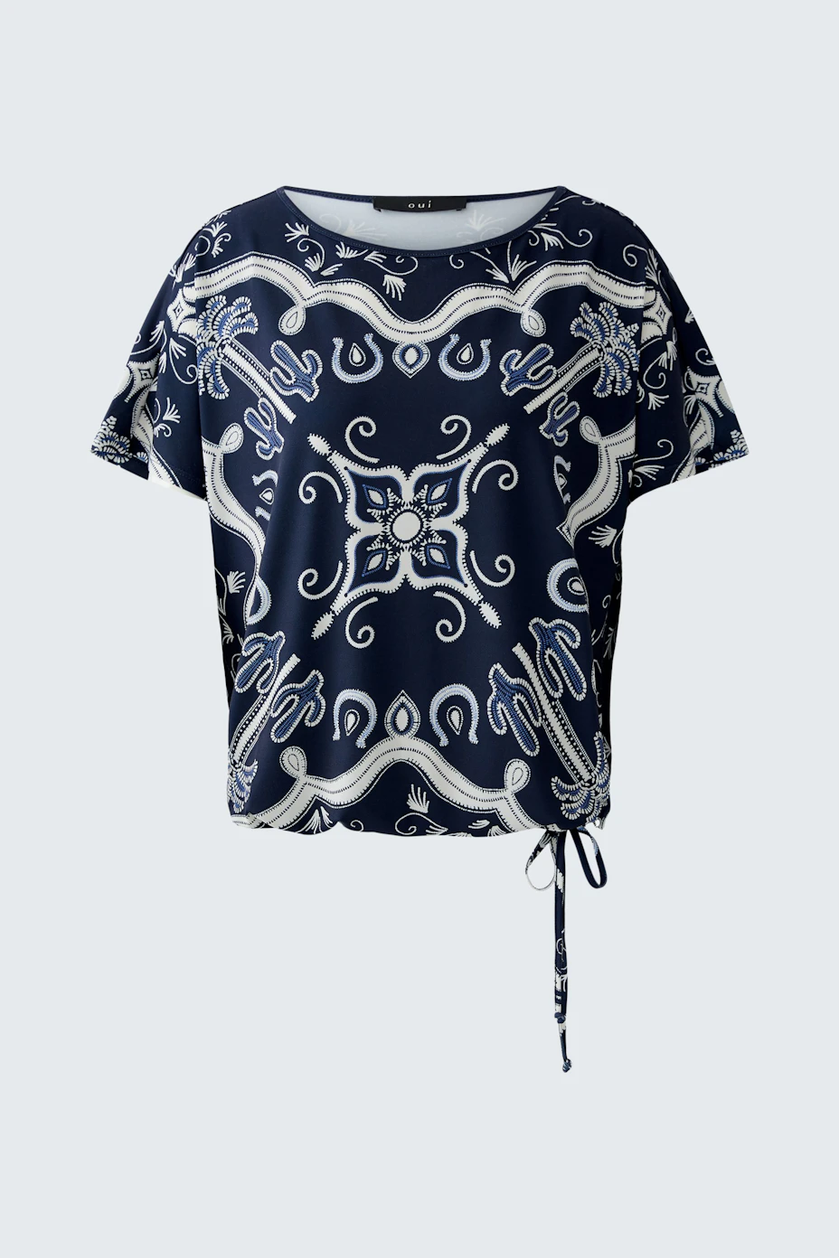 Bequemes Damen-T-Shirt: Dunkelblaues Shirt mit verspieltem Muster und seitlichem Bindeband.