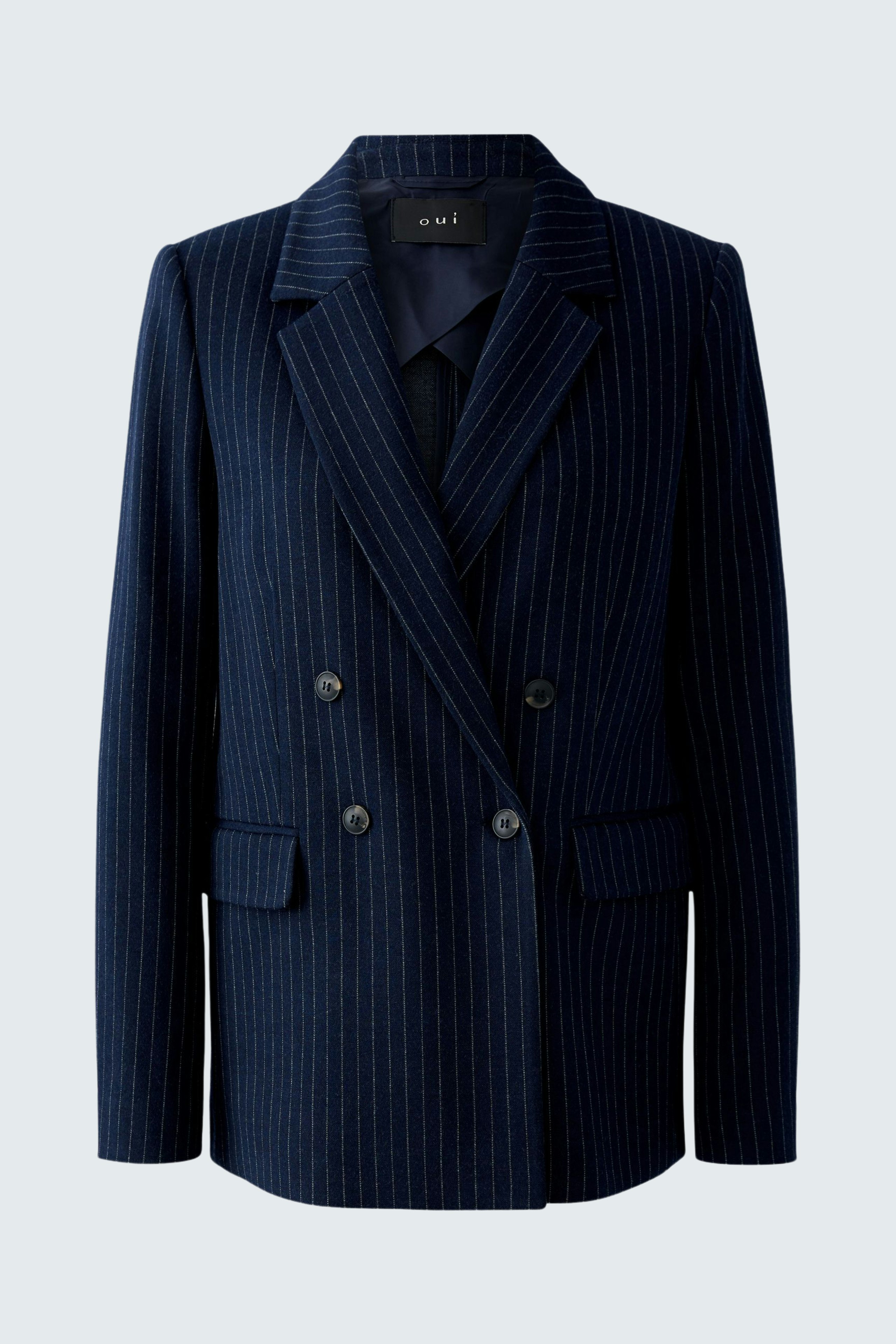 Stylish women's blazer: Navy pinstriped double-breasted design with a tailored fit.