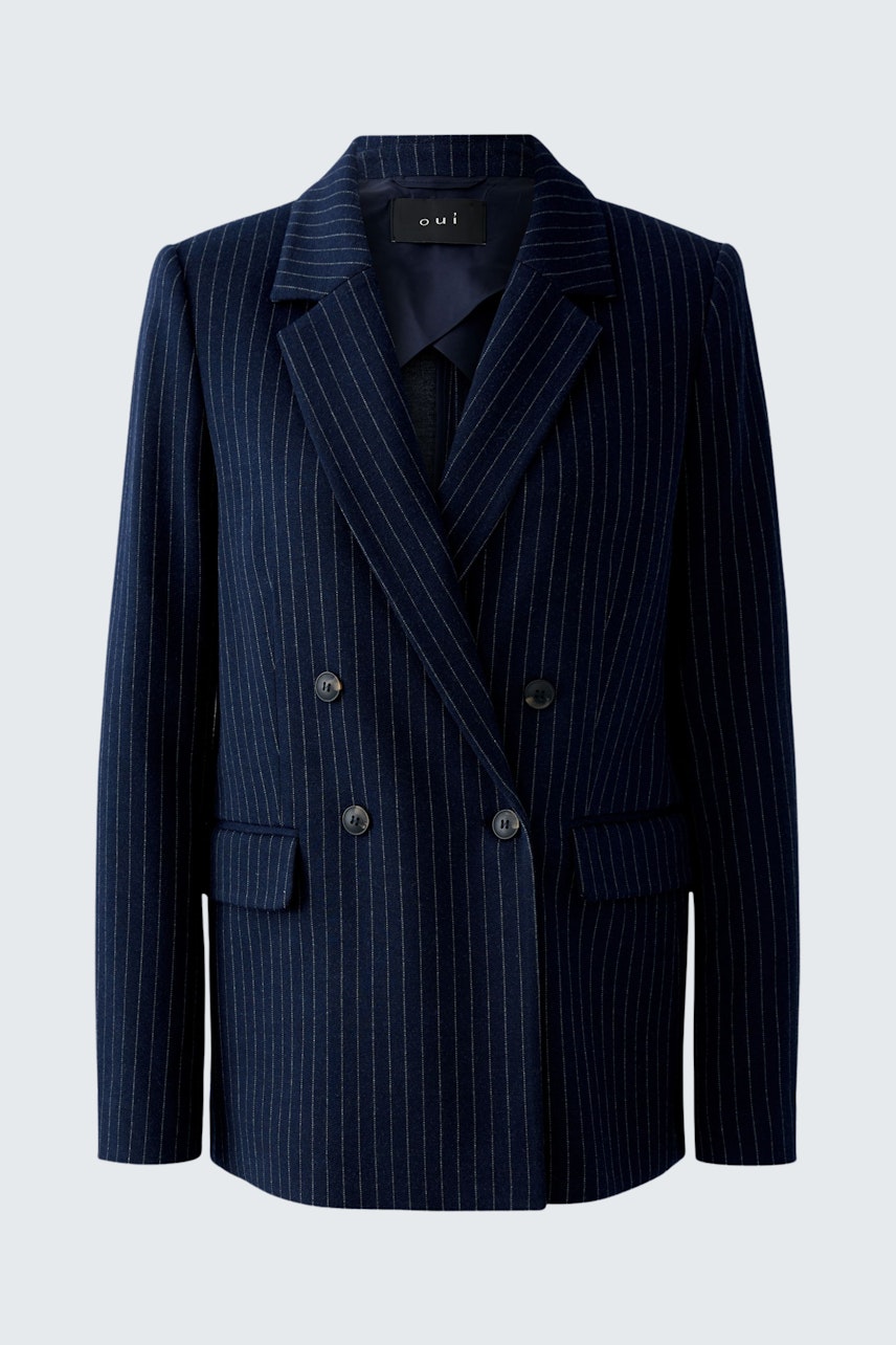 Stylish women's blazer: Navy pinstriped double-breasted design with a tailored fit.