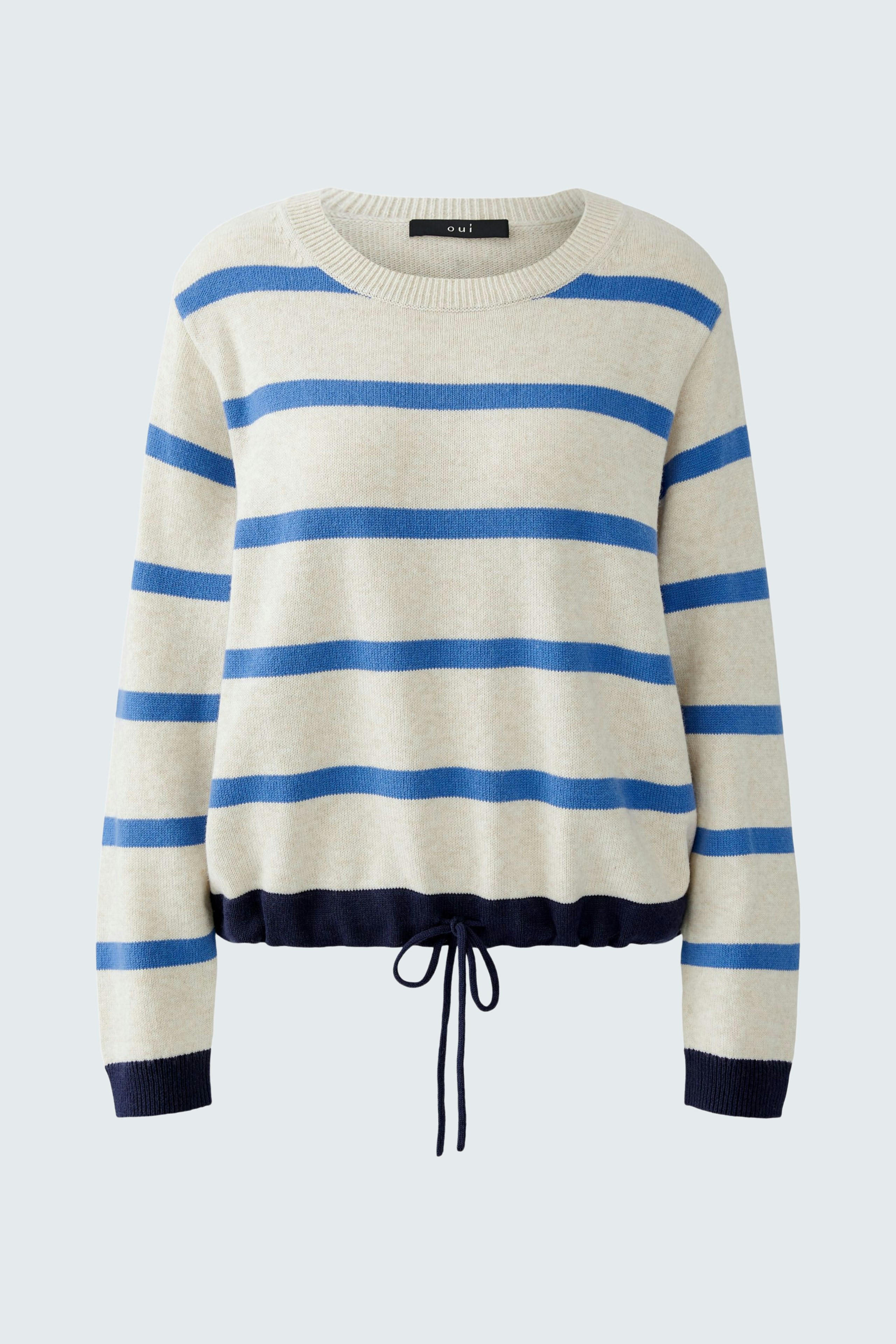 Casual women's pullover: Light gray with blue stripes and drawstring hem, perfect for relaxed outfits.