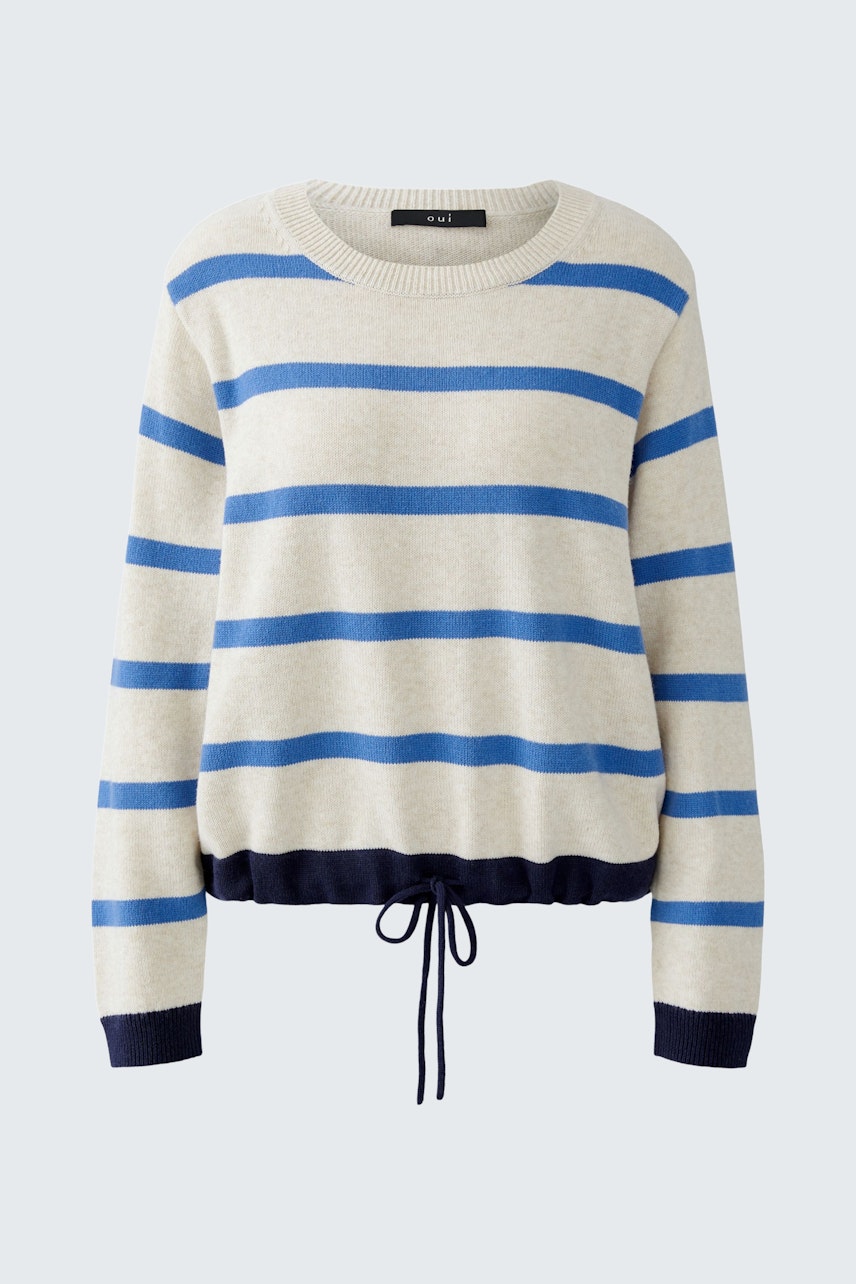 Bequemer Damen-Pullover in hellgrau mit blauen Streifen und Kordelzug am Saum.
