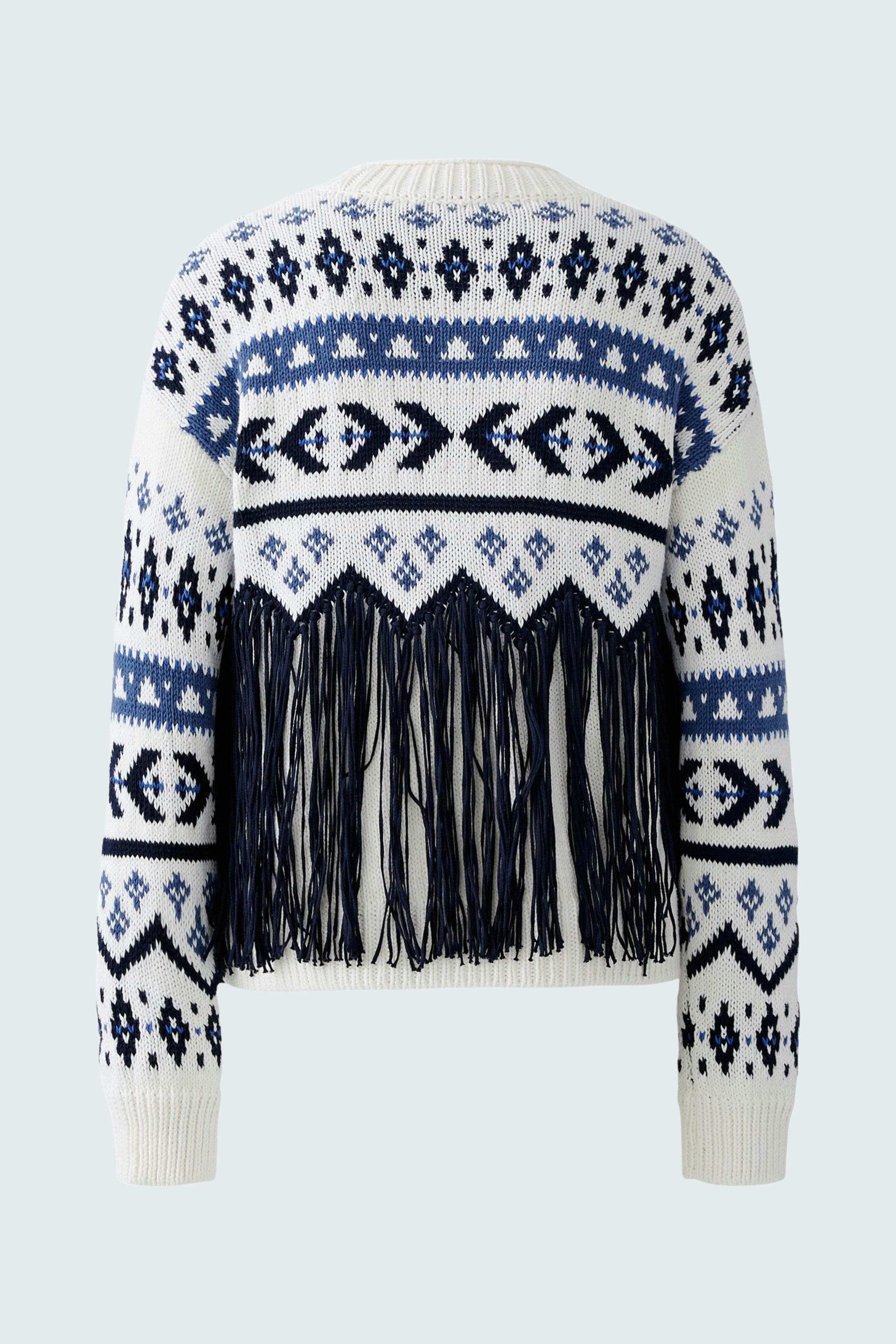 Cozy women's pullover with fringe detailing and a bold pattern in blue and white.