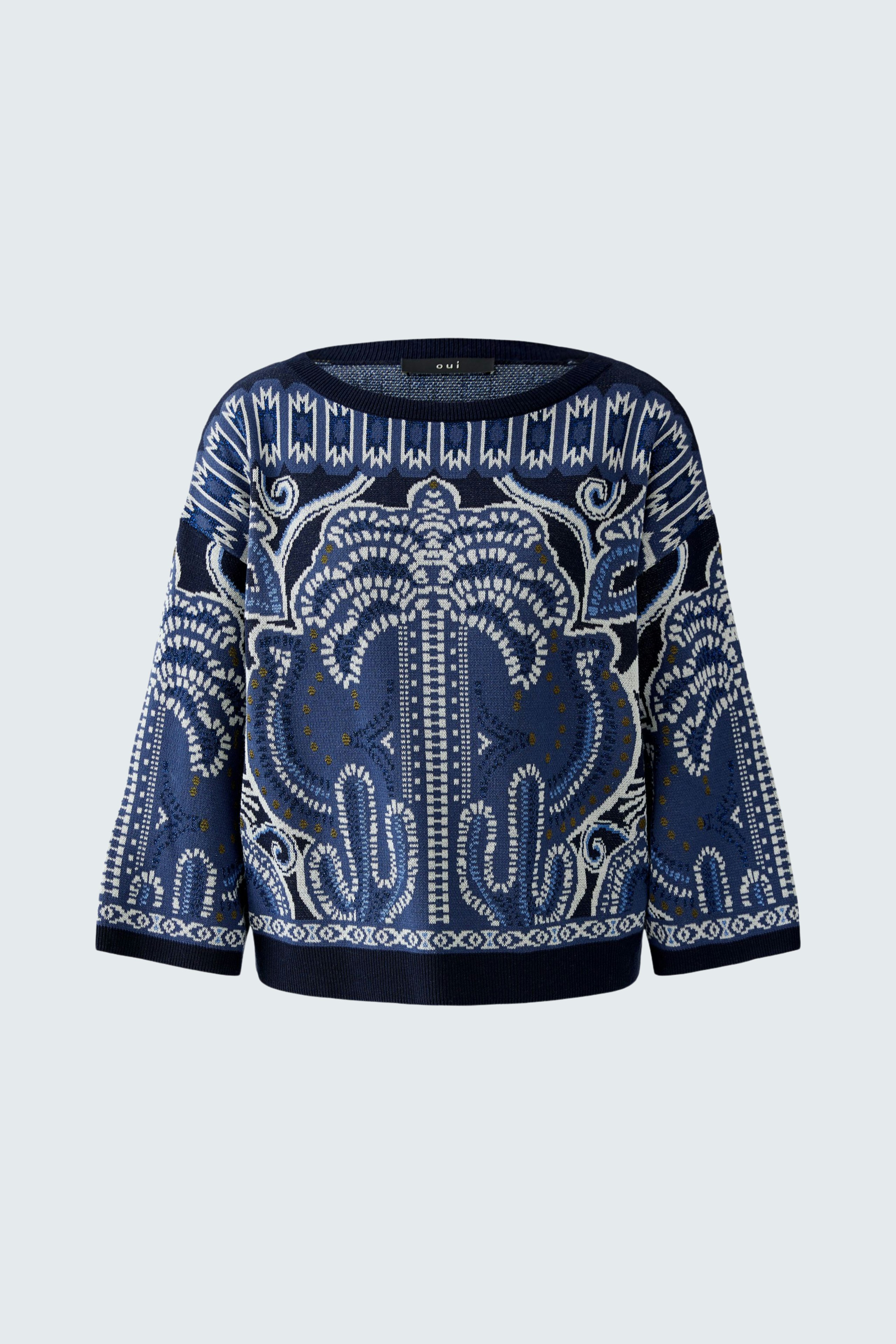 Damen-Pullover in Blau mit auffälligem Muster und weitem Schnitt, ideal für lässige Outfits.