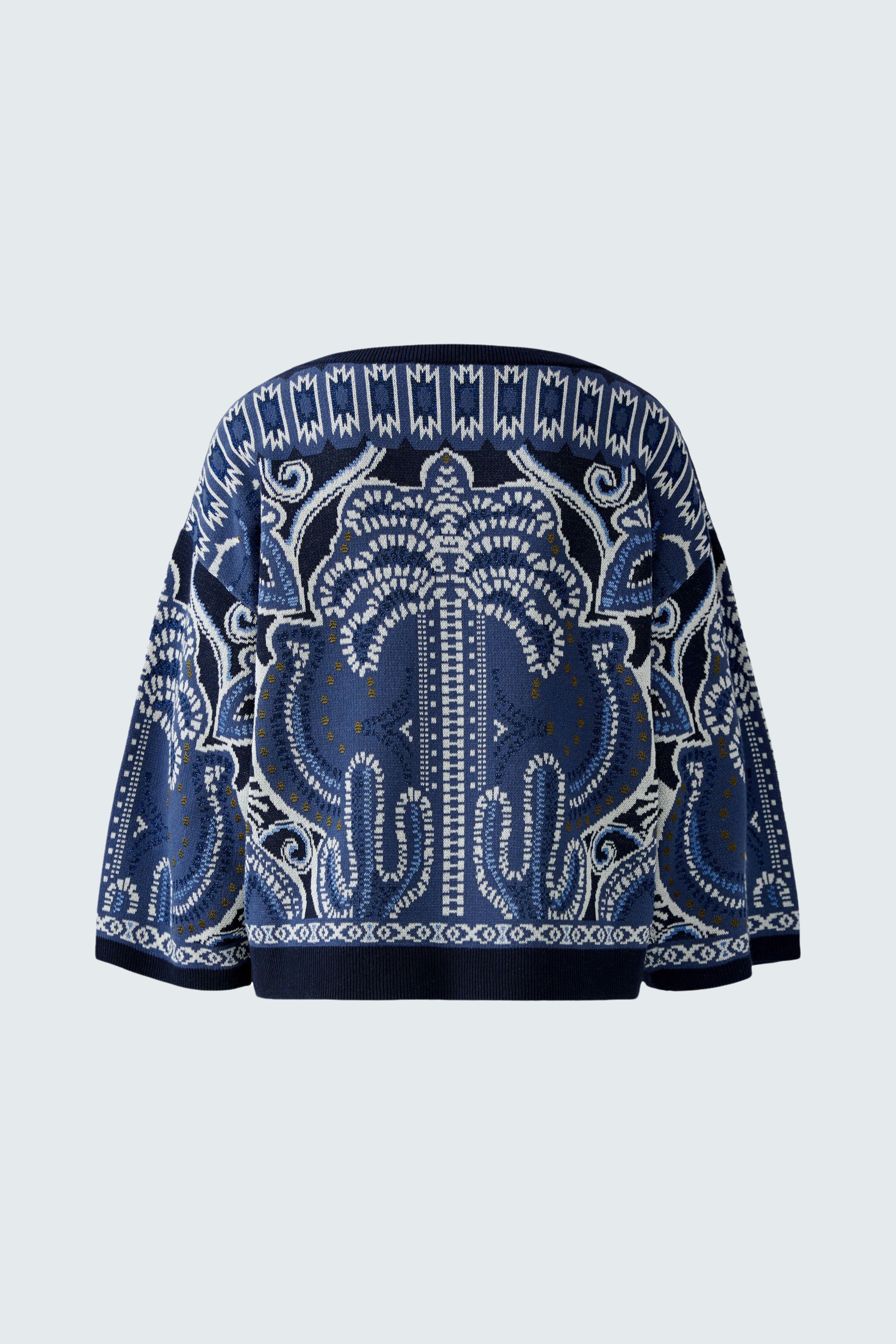 Damen-Pullover in Blau mit auffälligem Muster, lässiger Schnitt und weitem Ausschnitt.