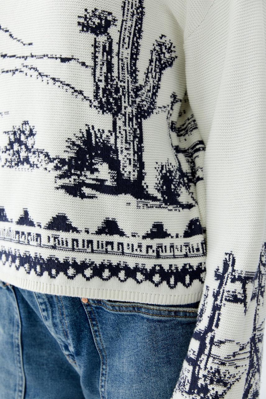 Casual women's pullover: Close-up of a white pullover with navy graphic design, paired with denim.