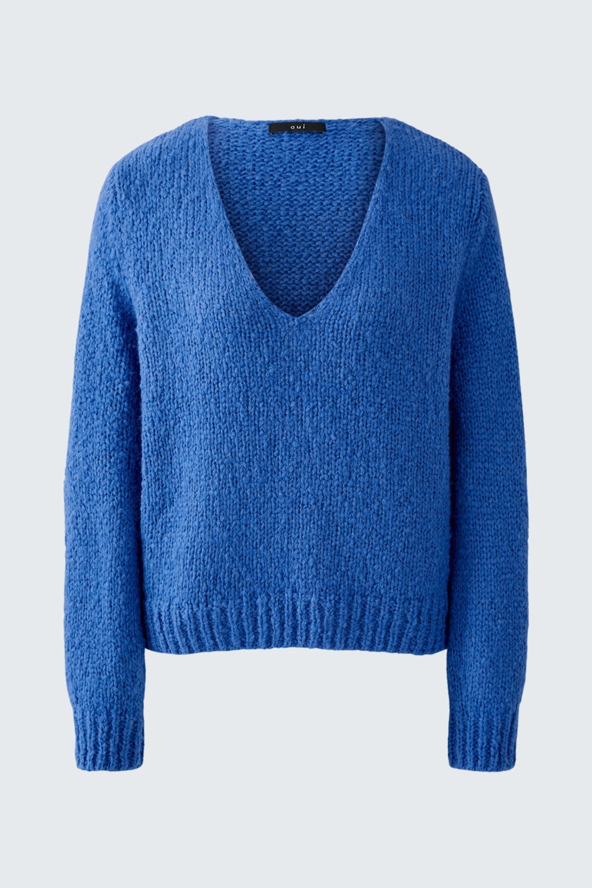 Bequemer Damen-Pullover in Blau mit V-Ausschnitt und lässigem Schnitt.