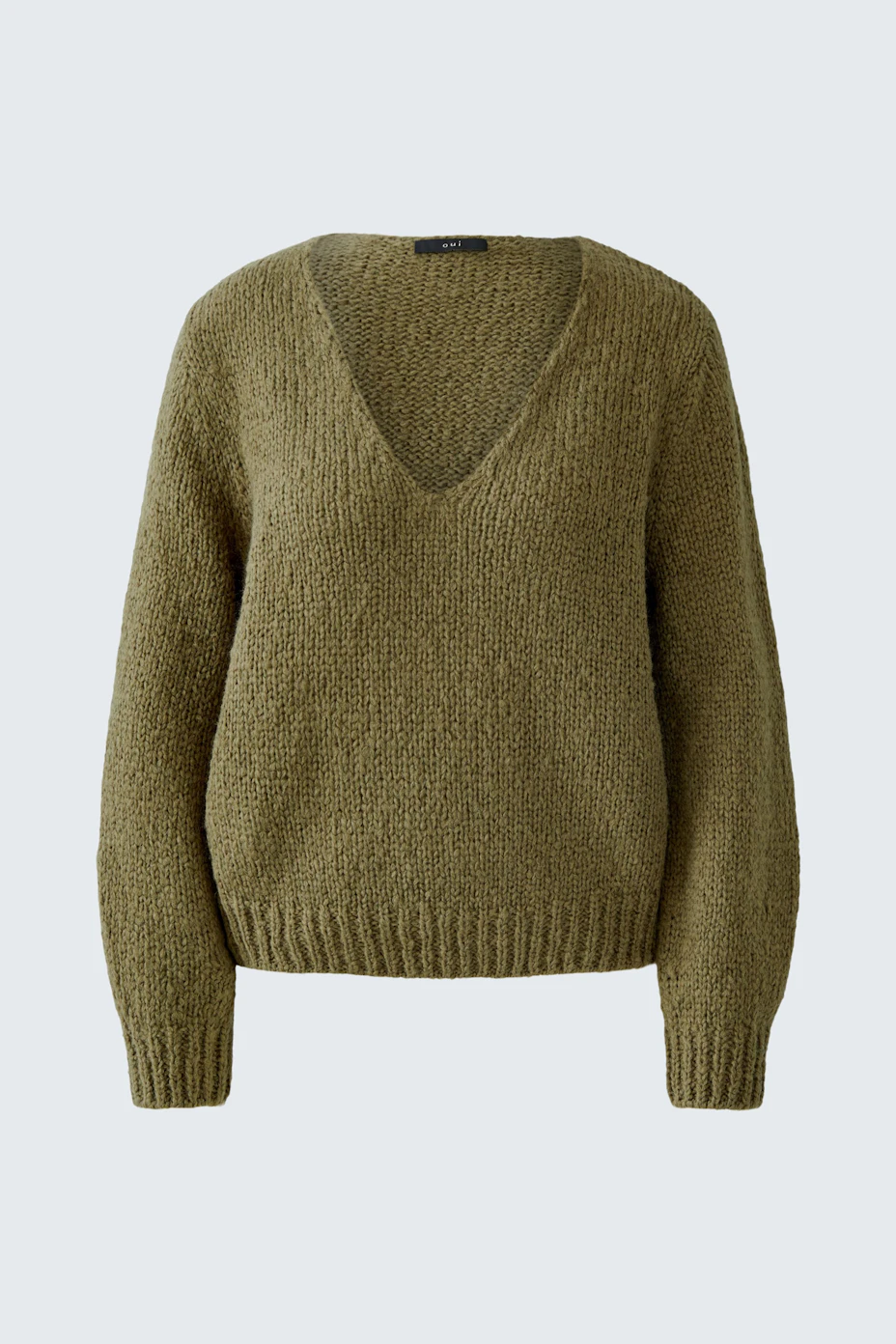 Bequemer Damen-Pullover in Olivgrün mit V-Ausschnitt und lässigem Schnitt.