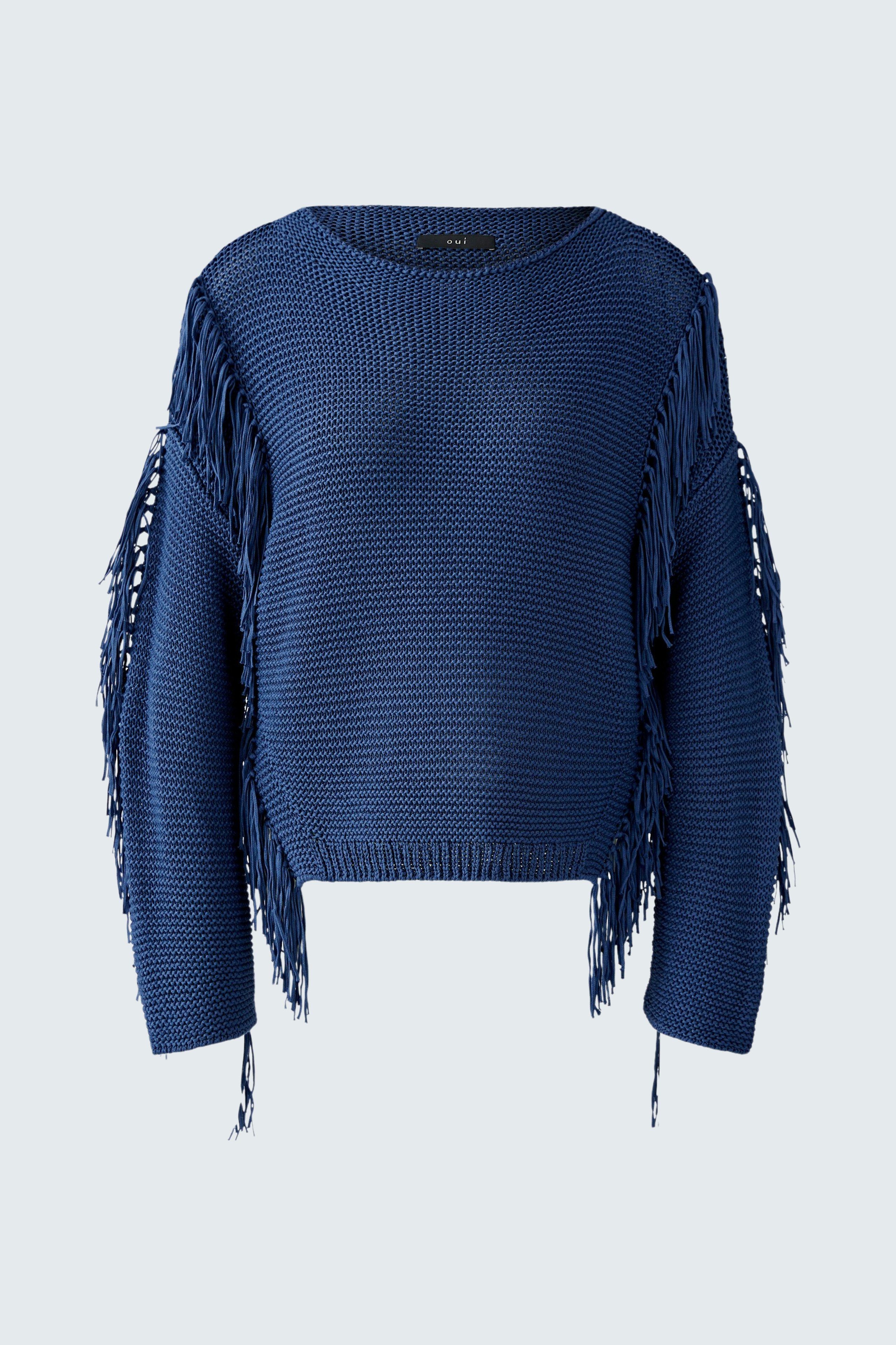 Damen-Pullover in Blau mit Fransen und lässigem Schnitt, ideal für entspannte Outfits.