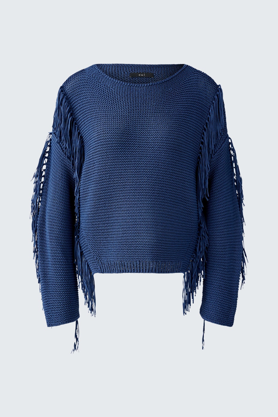 Damen-Pullover in Blau mit Fransen und lässigem Schnitt, ideal für entspannte Outfits.