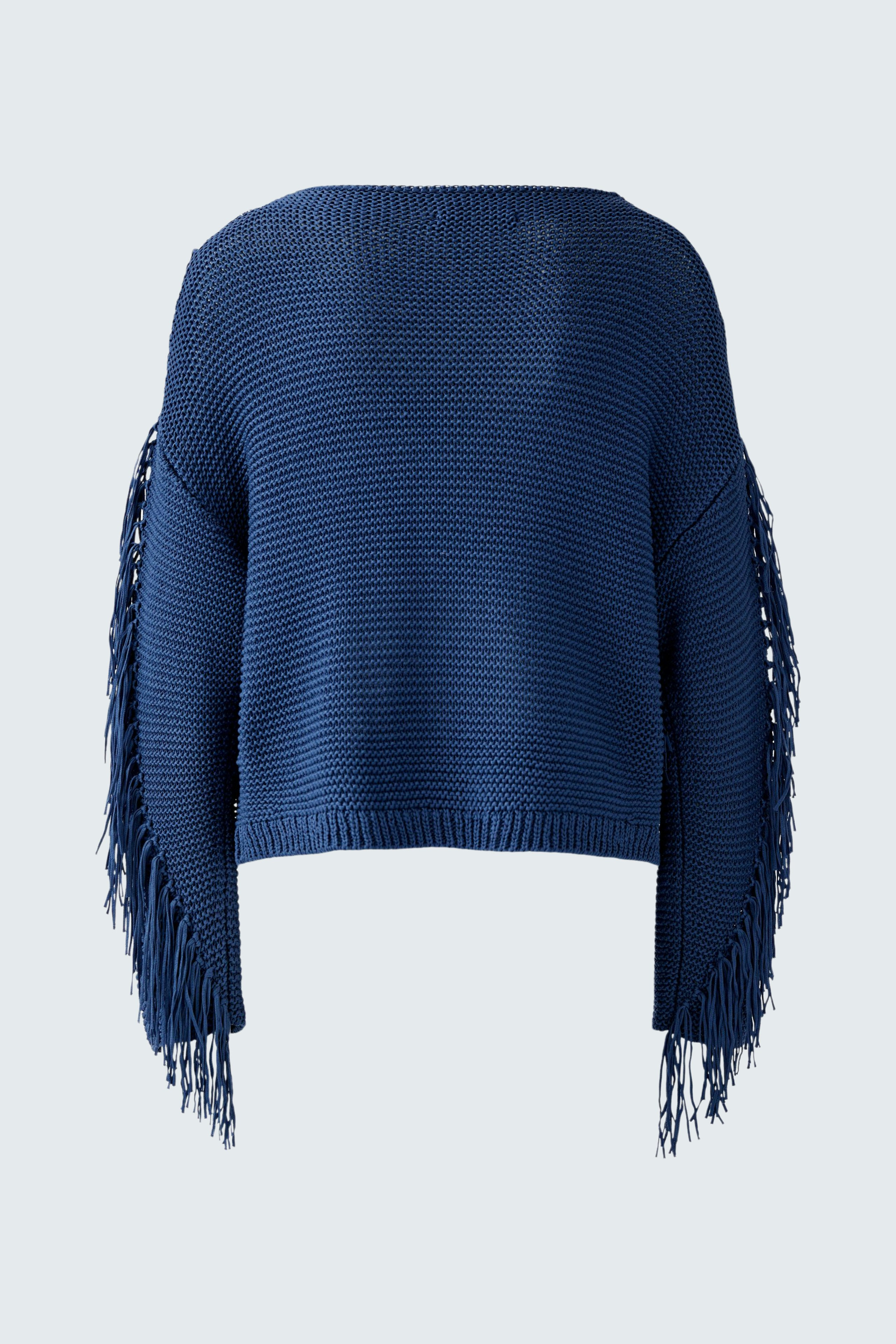 Bequemer Damen-Pullover in Dunkelblau mit fransigen Ärmeln, ideal für lässige Outfits.