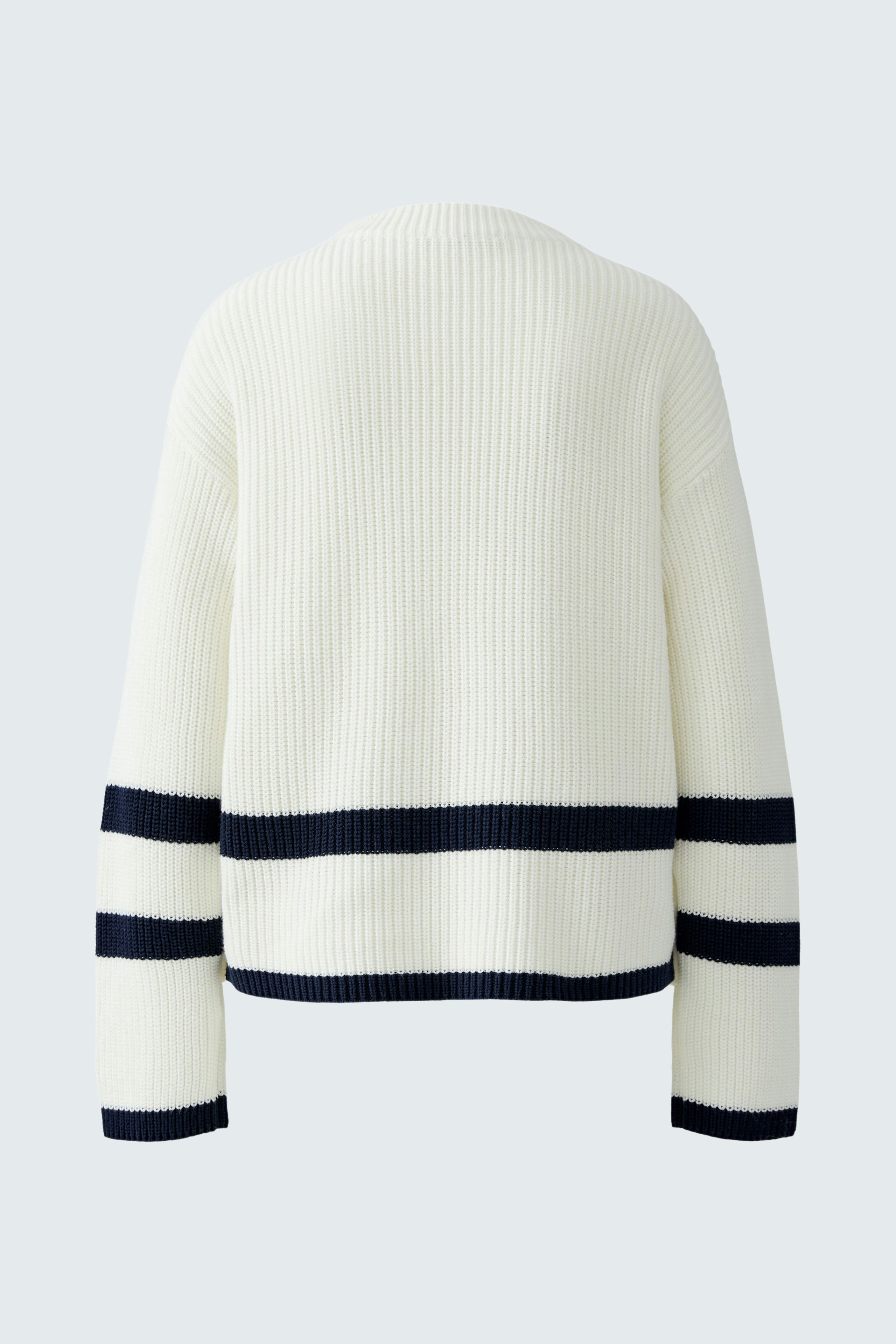Casual women's pullover: Back view of a white ribbed pullover with navy stripes.