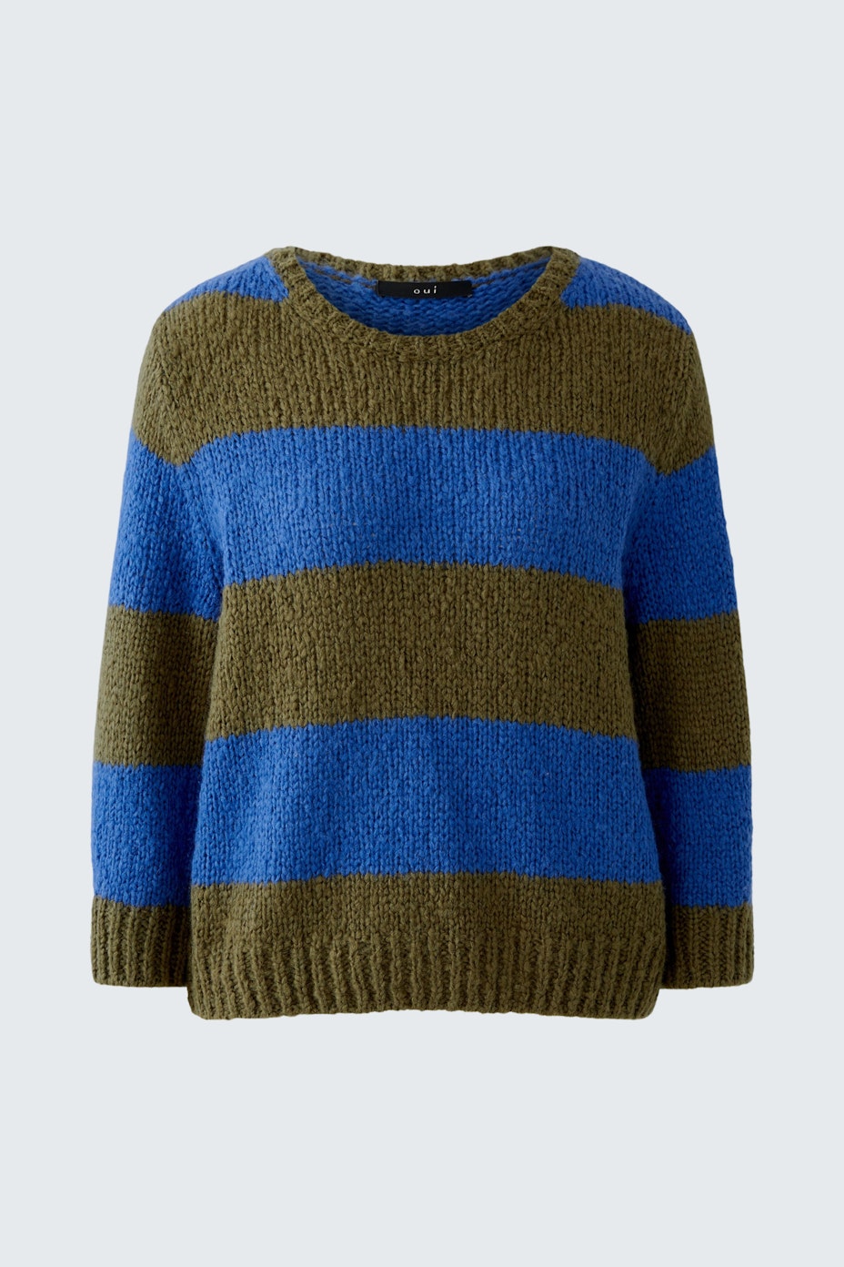 Bequemer Damen-Pullover in Blau und Oliv mit Streifen, ideal für lässige Outfits.