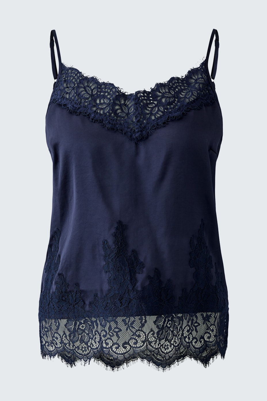 Casual women's top: Navy camisole with lace detailing, perfect for layering or warm weather.