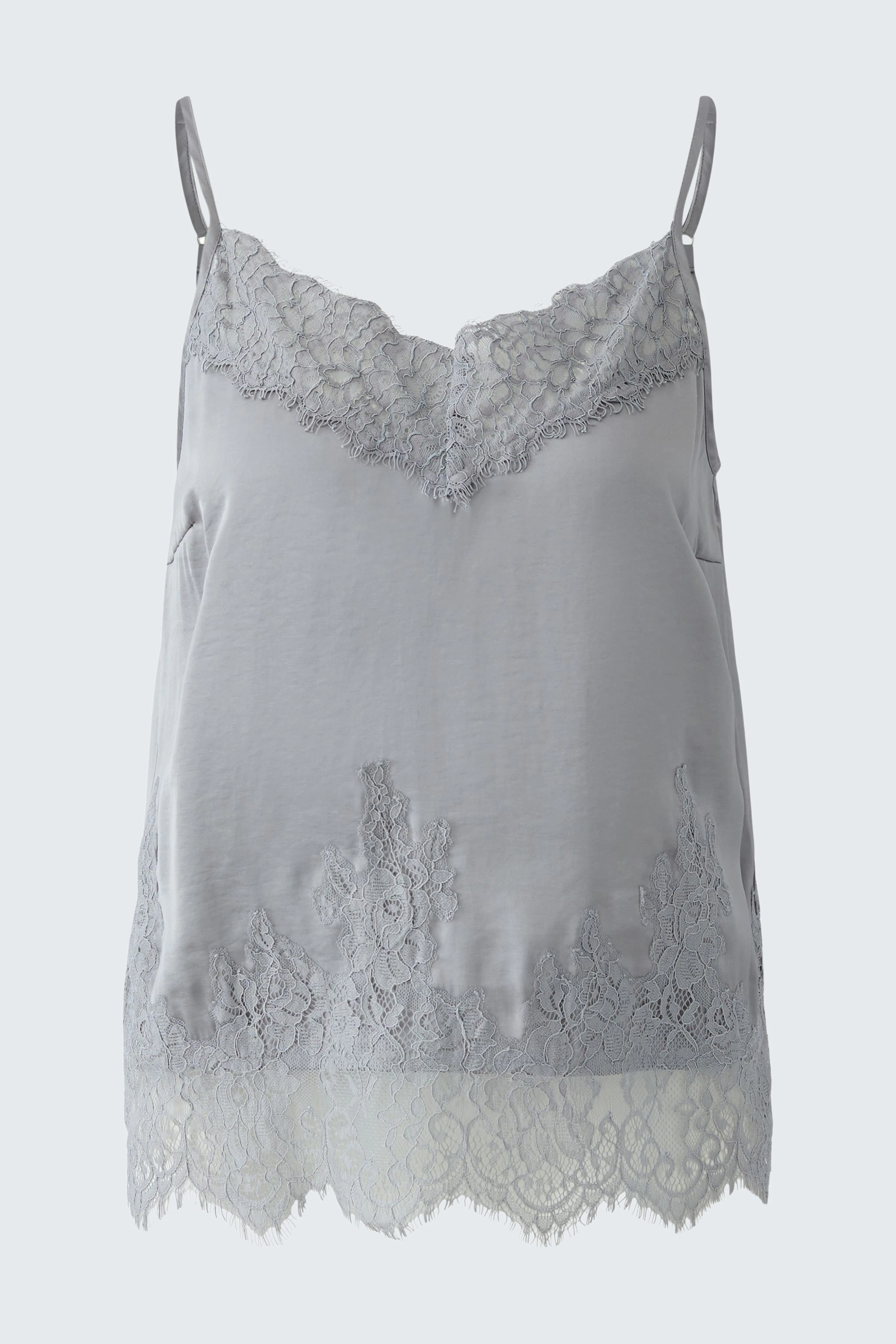 Leichtes Damen-Top in Grau mit Spitzenbesatz und Spaghettiträgern, ideal für den Sommer.