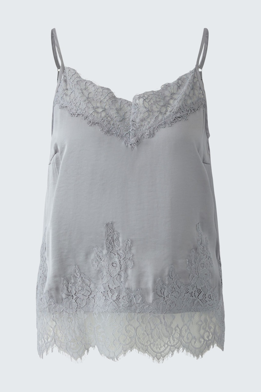 Leichtes Damen-Top in Grau mit Spitzenbesatz und Spaghettiträgern, ideal für den Sommer.