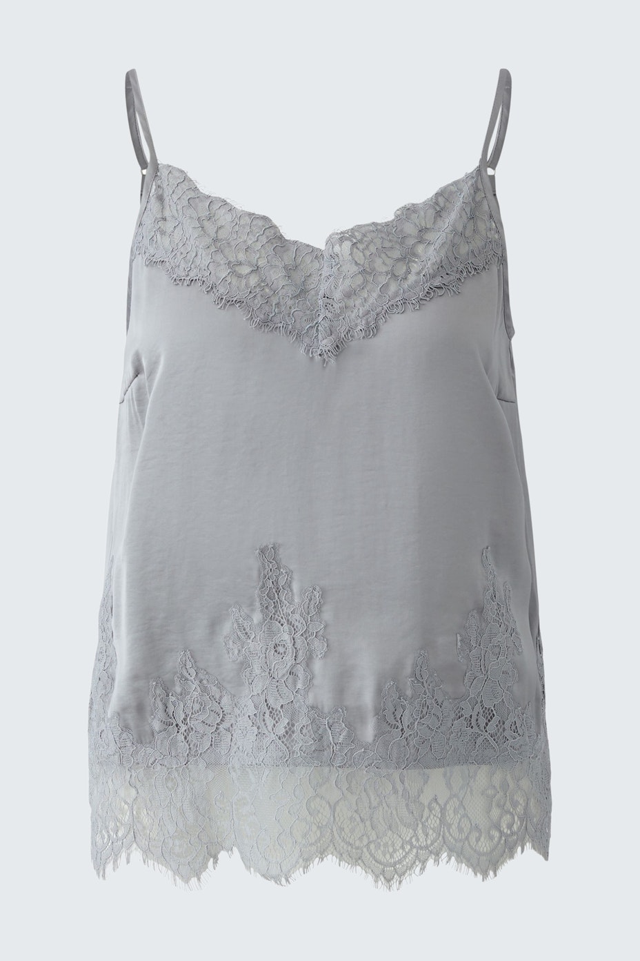 Light gray top with lace details, featuring thin straps, designed for women.