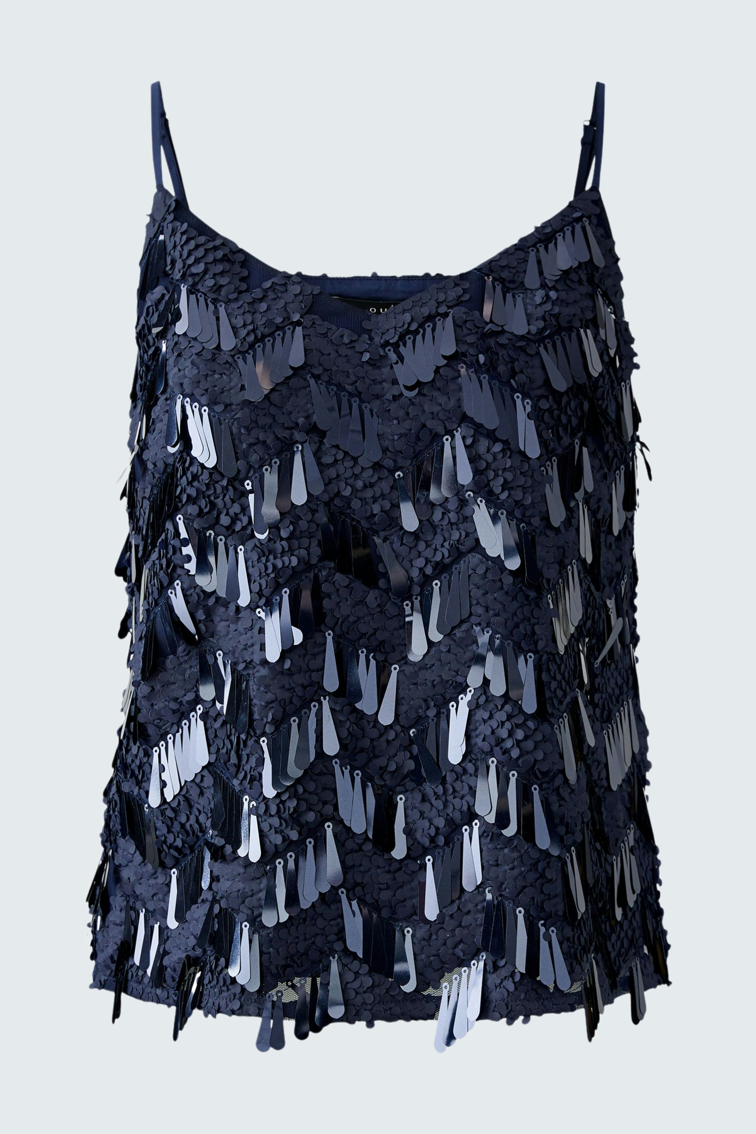 Lässiges Damen-Top: Dunkelblaues Top mit fransigen Details, ideal für einen entspannten Look.