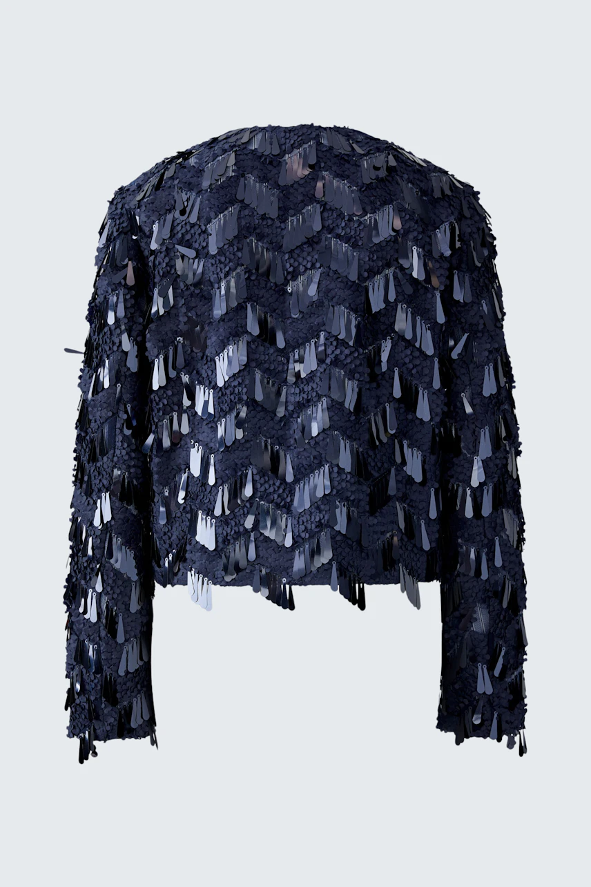 Trendy women's jacket: A stylish navy jacket with textured fringe details, perfect for casual outfits.