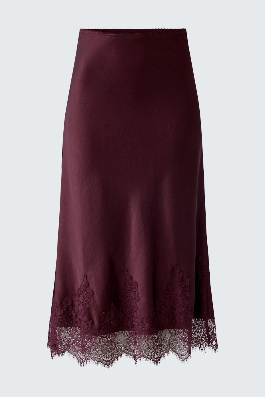 A-Linien-Rock in Bordeaux mit feiner Spitze am Saum, ideal für lässige Outfits.