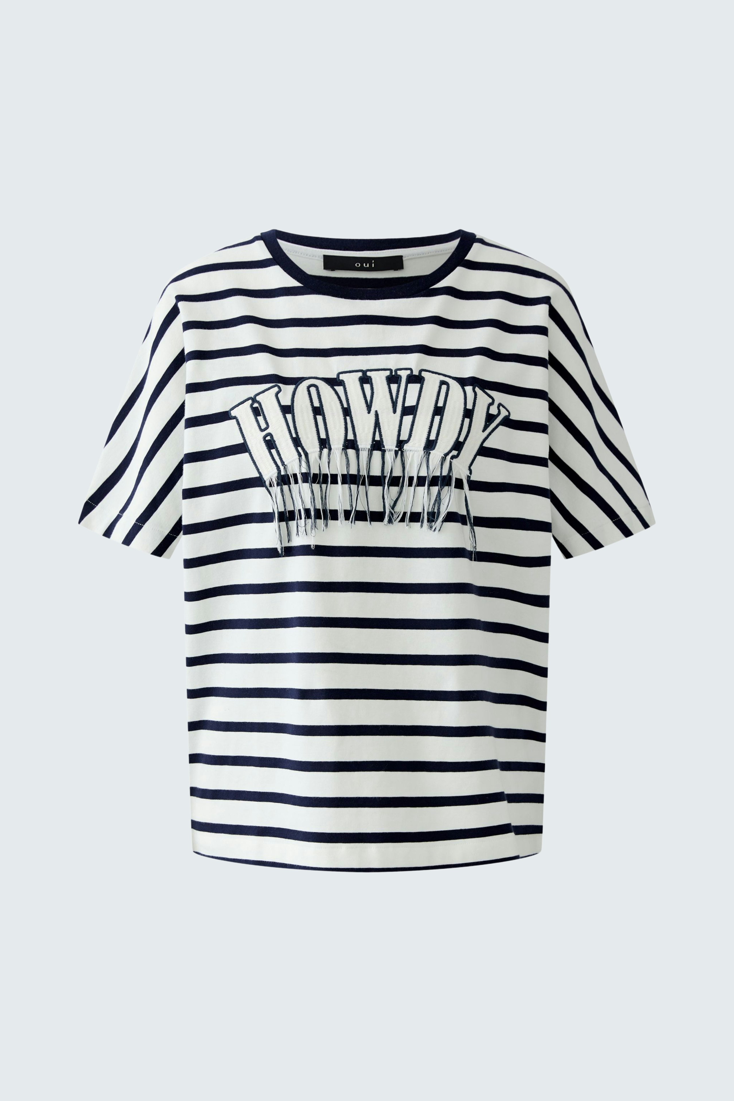 Casual women's T-shirt: A woman in a striped tee with bold lettering, perfect for everyday wear.