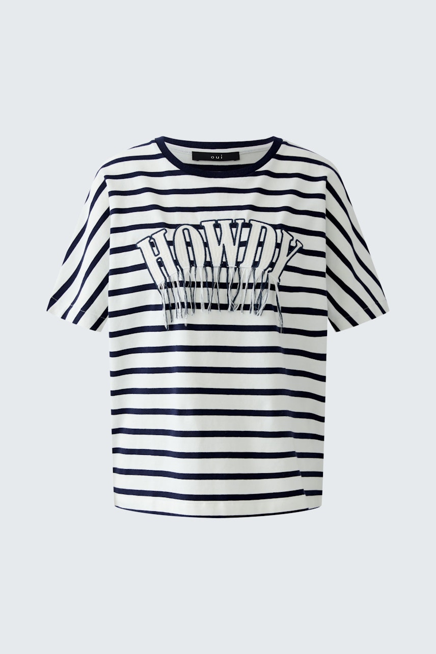 Gestreiftes Damen-T-Shirt: weiß-blau gestreiftes T-Shirt mit auffälligem Schriftzug.