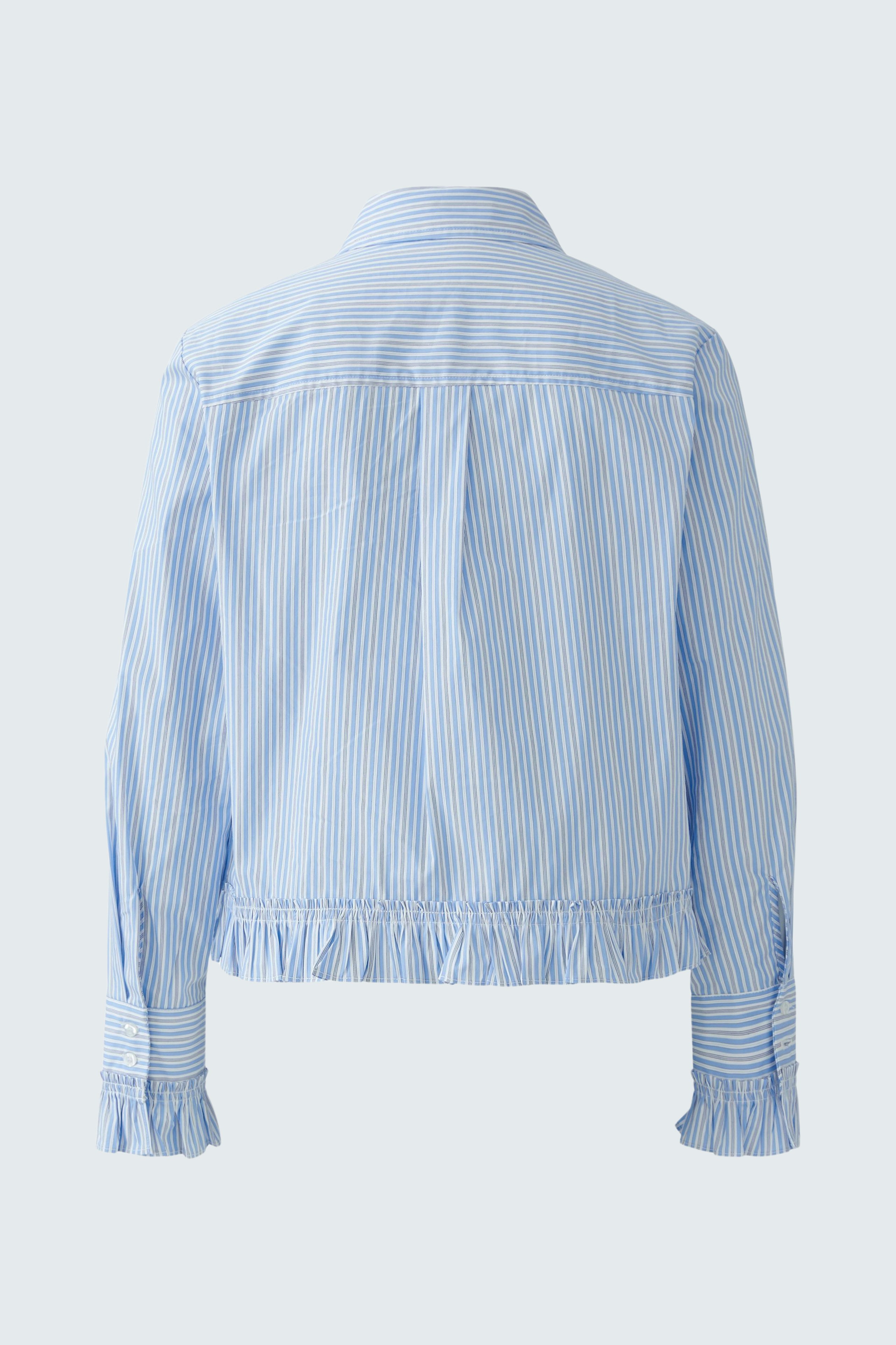 Casual women's blouse: Back view of a light blue striped blouse with ruffled hem and sleeves.