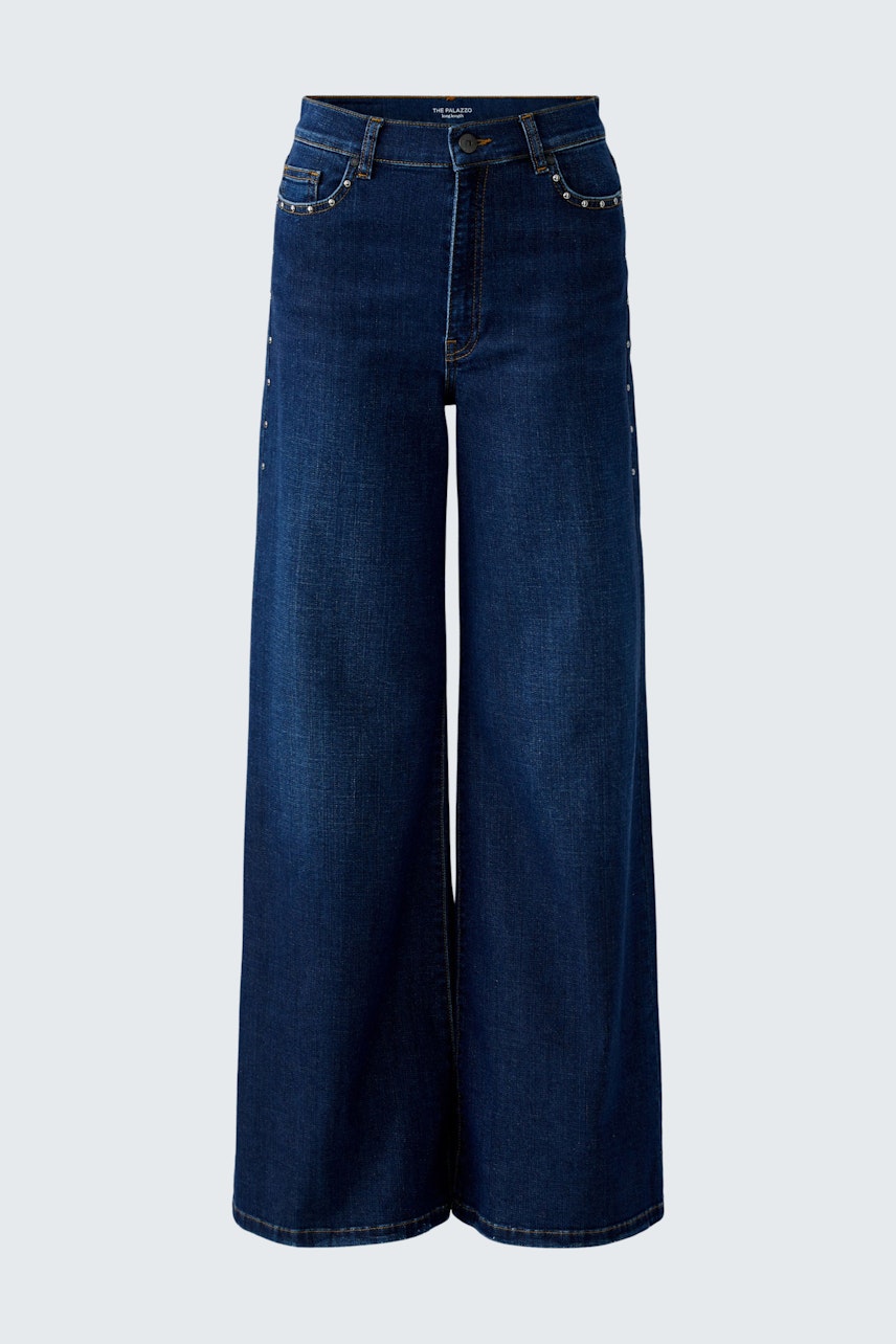 Bequeme Damen-Jeans Wide Leg: Dunkelblaue, weite Jeans mit hohem Bund und lässigem Schnitt.