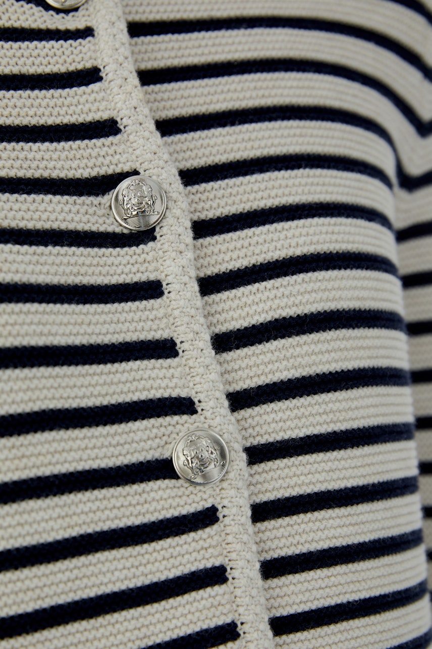 Casual women's cardigan: Close-up of a striped knit cardigan with buttons.