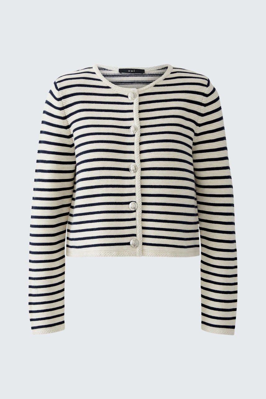 Casual women's cardigan: Striped design in cream and navy, featuring buttons and a relaxed fit.