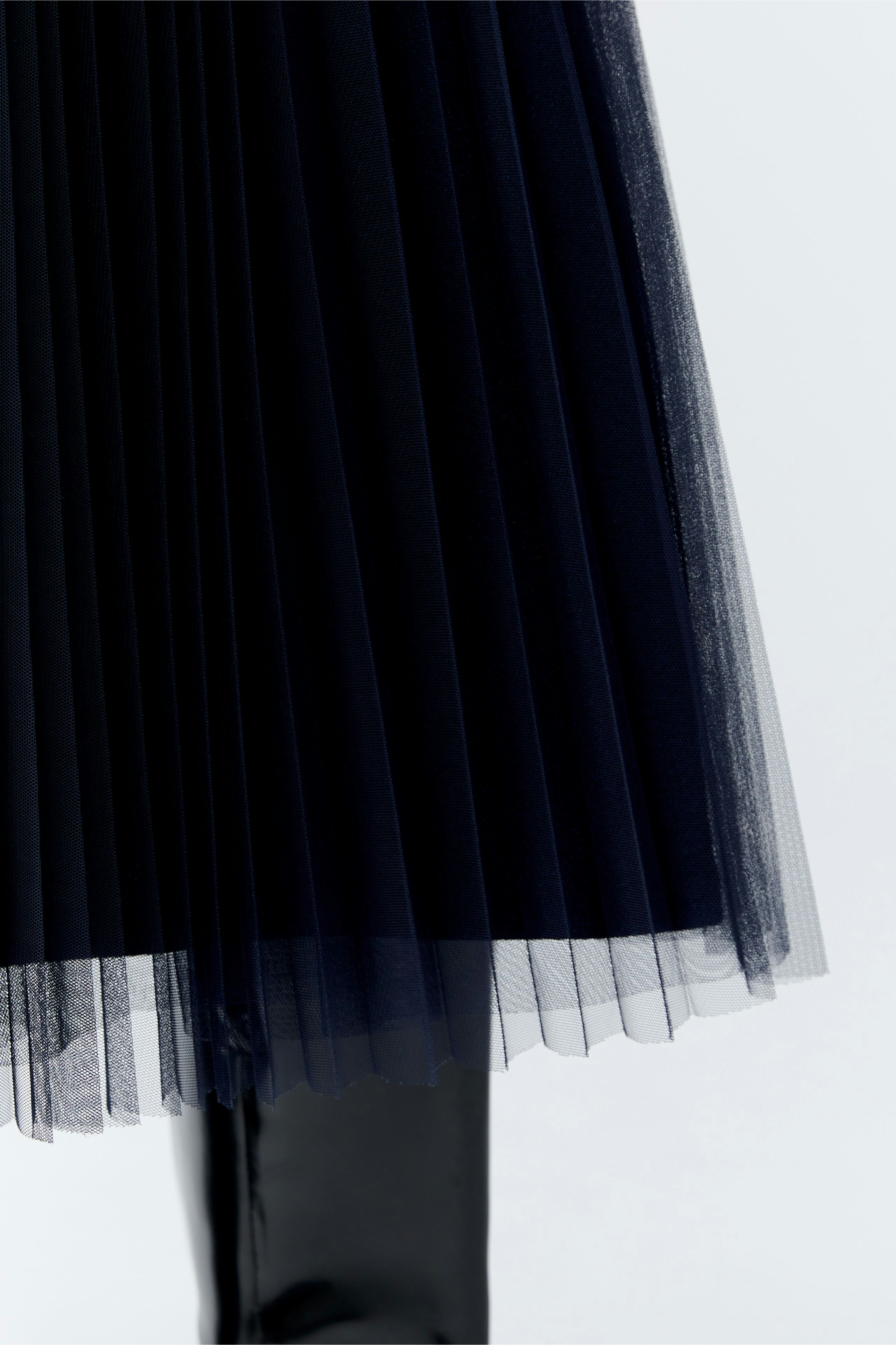 Plisseerock: Schwarzer Plisseerock mit feinen Falten und transparentem Saum.