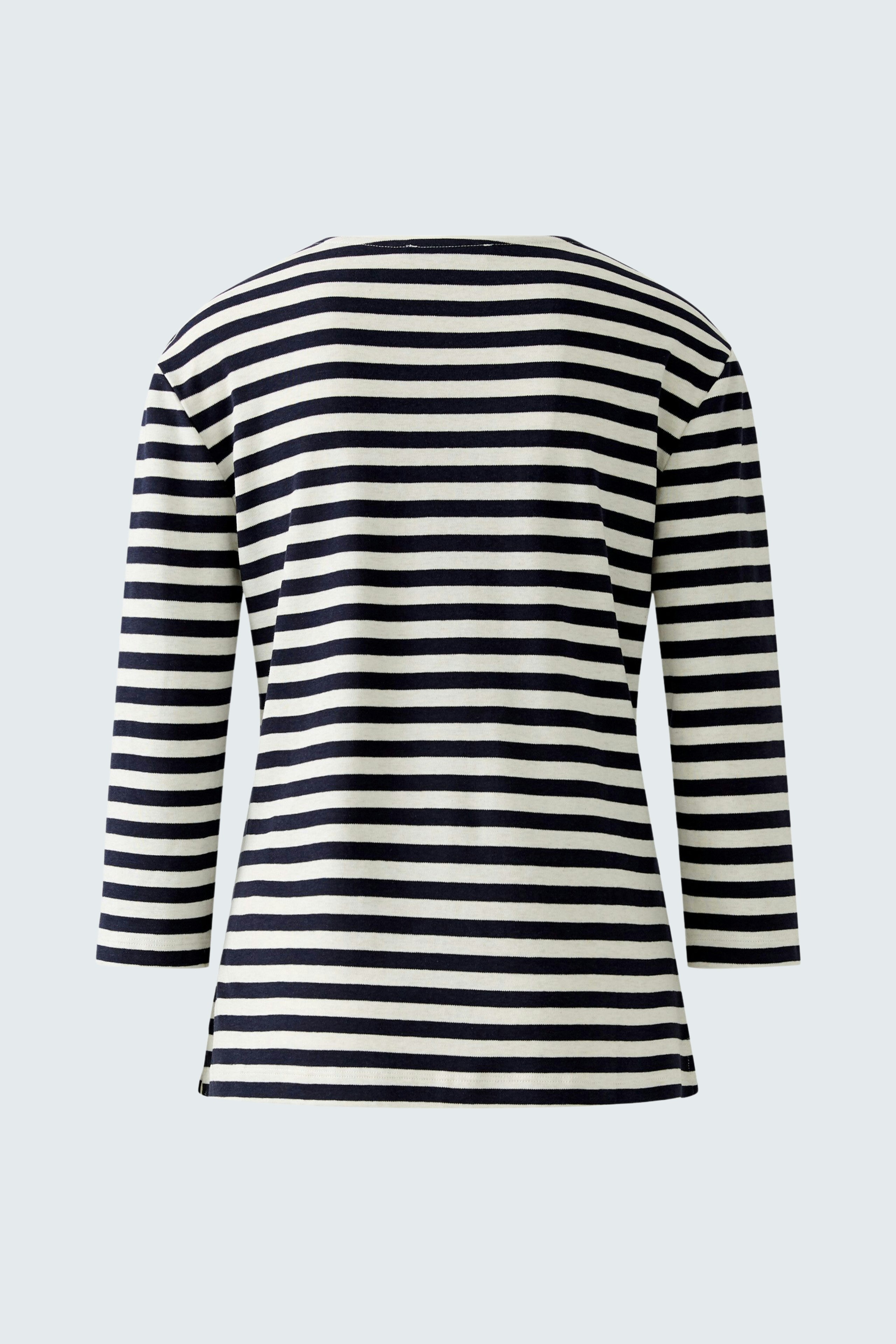 Casual women's T-shirt: Back view of a navy and white striped top with three-quarter sleeves.