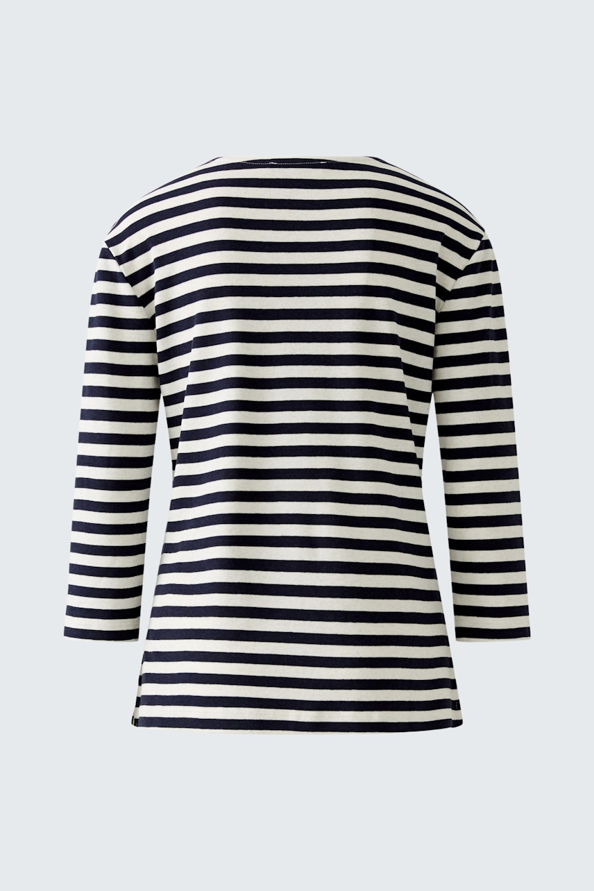 Damen-T-Shirt: Rückansicht eines gestreiften Shirts mit 3/4-Ärmeln in navy und weiß.