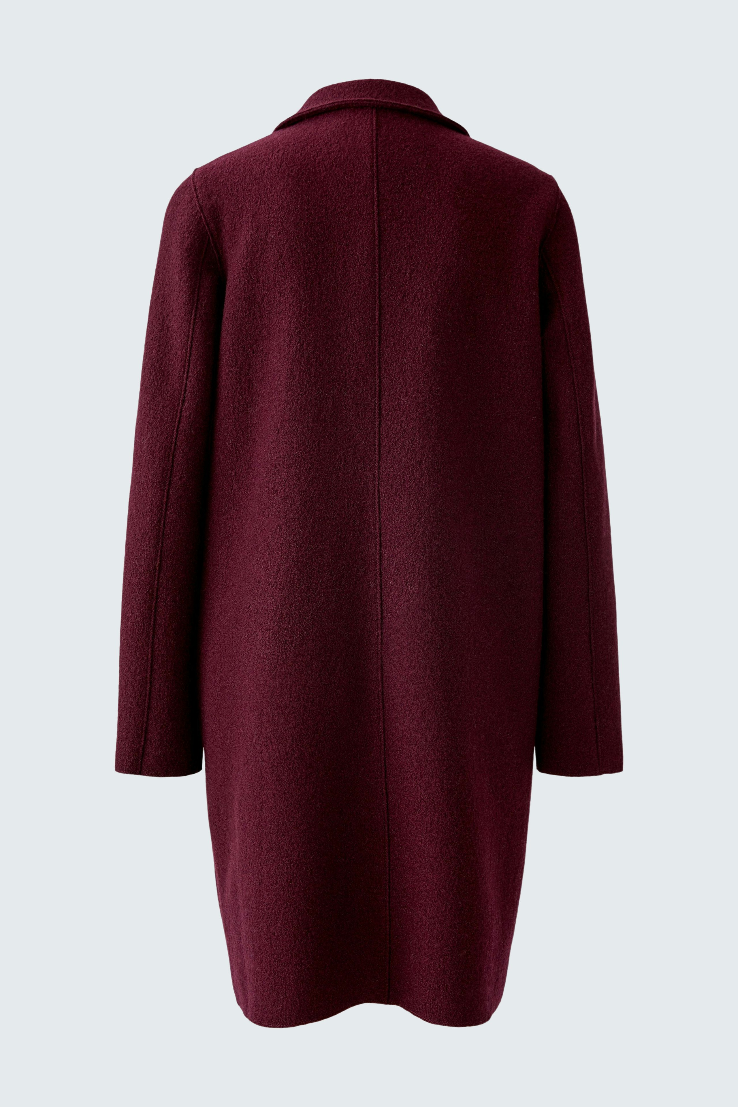 Cozy women's wool coat in deep burgundy, featuring a relaxed fit and classic collar.