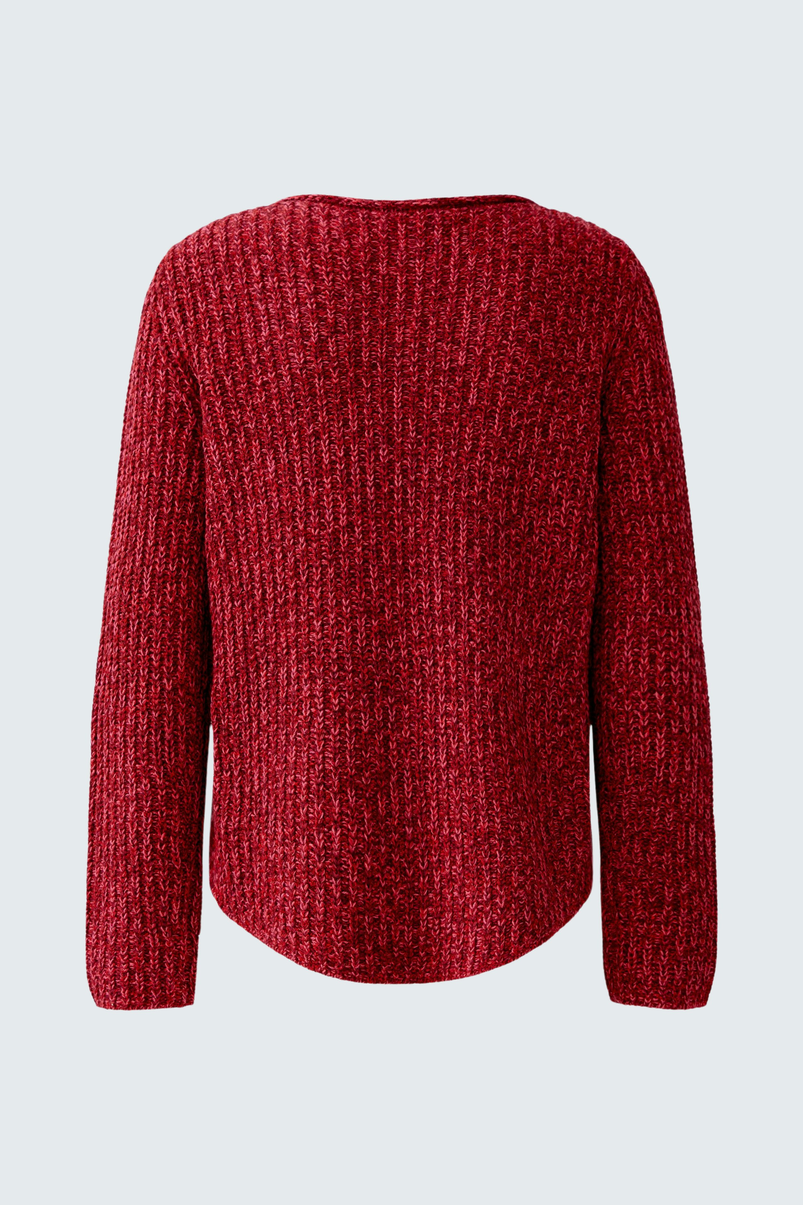 Casual women's pullover: A cozy red knit pullover with a relaxed fit and rounded hem.