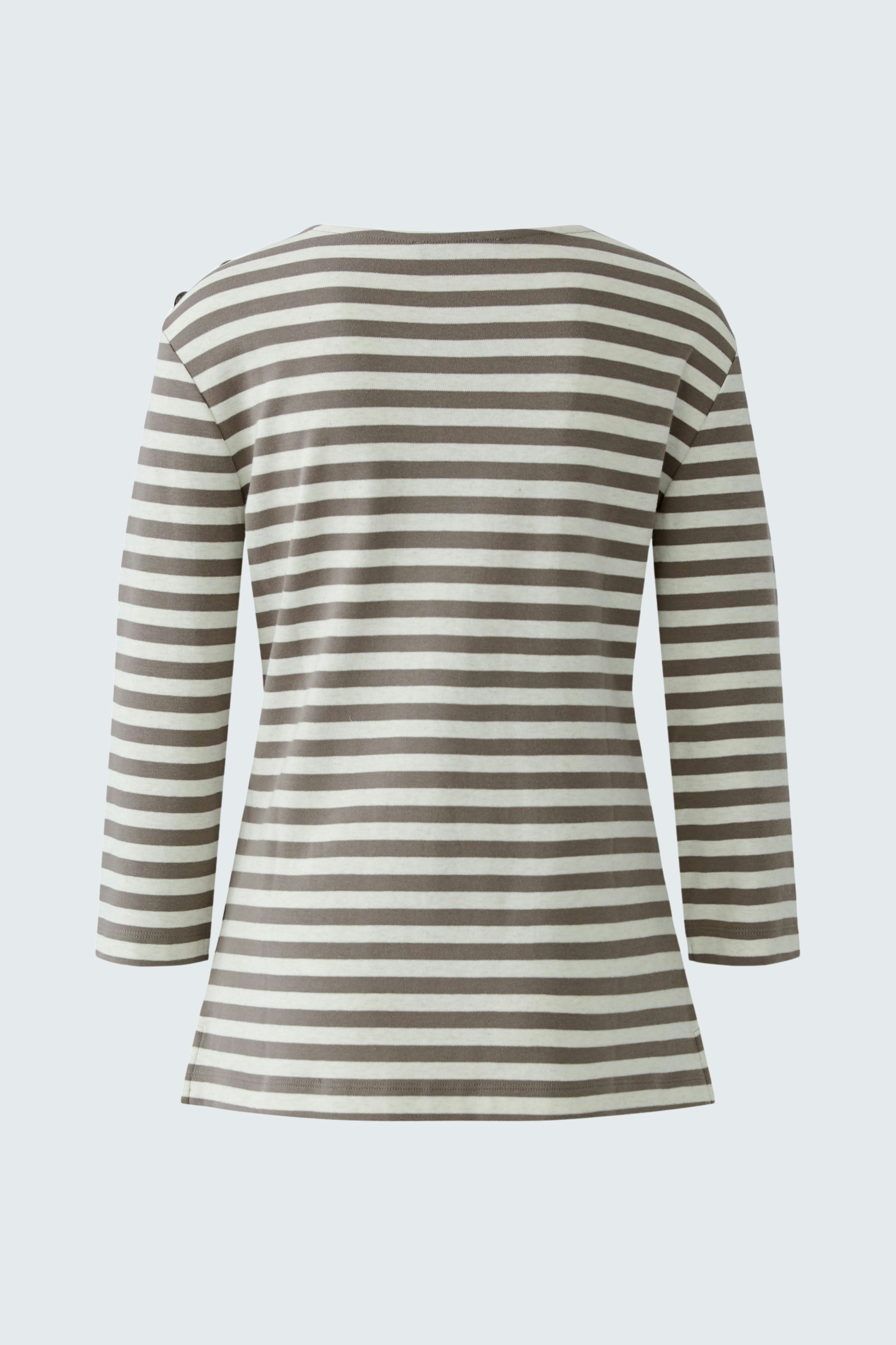 Bequemes Langarmshirt: Rückansicht eines gestreiften Shirts mit 3/4-Ärmeln in neutralen Farben.