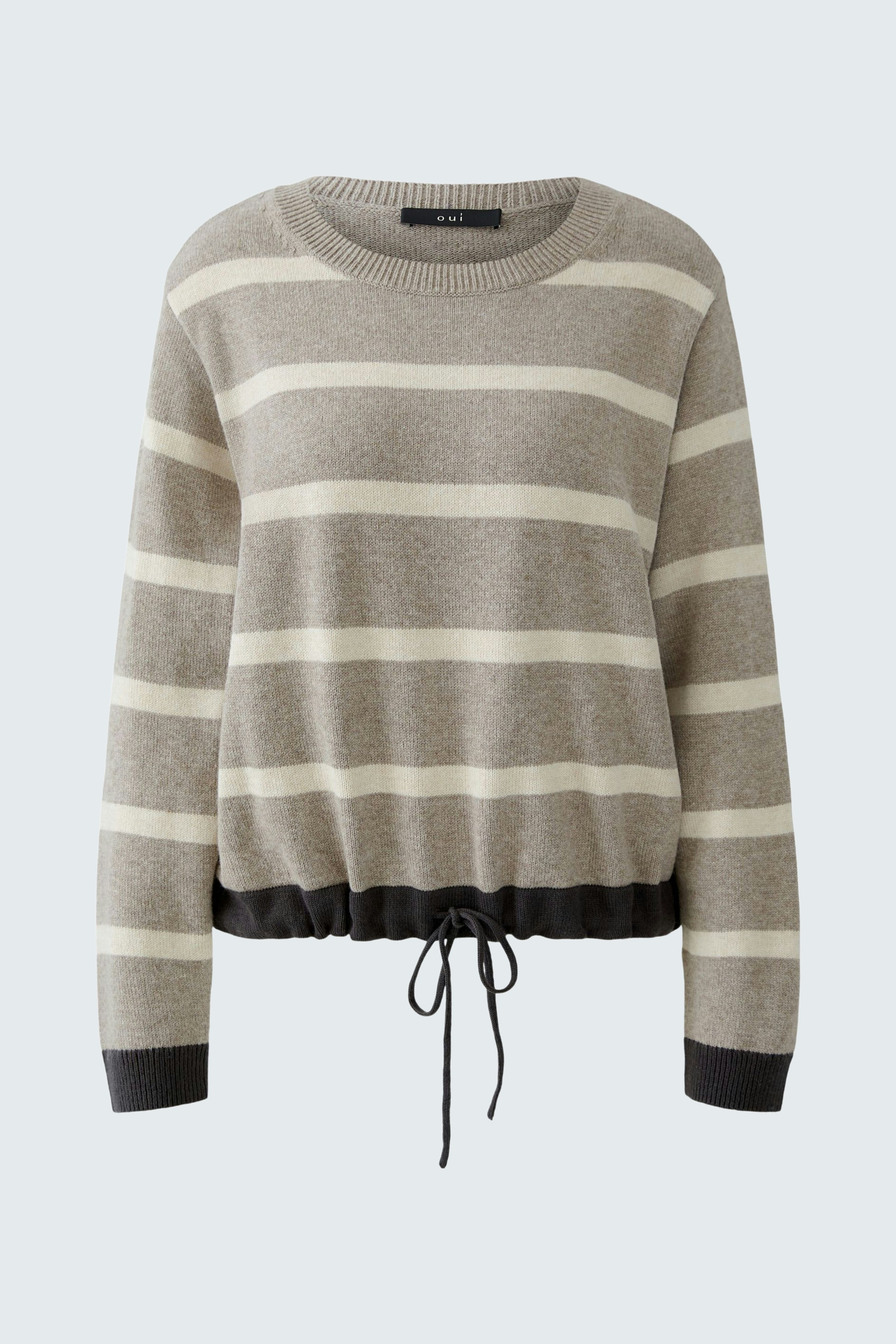 Bequemer Damen-Pullover in Grau mit Streifen und Kordelzug am Saum.