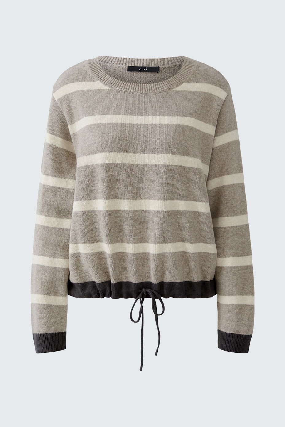 Bequemer Damen-Pullover in Grau mit Streifen und Kordelzug am Saum.