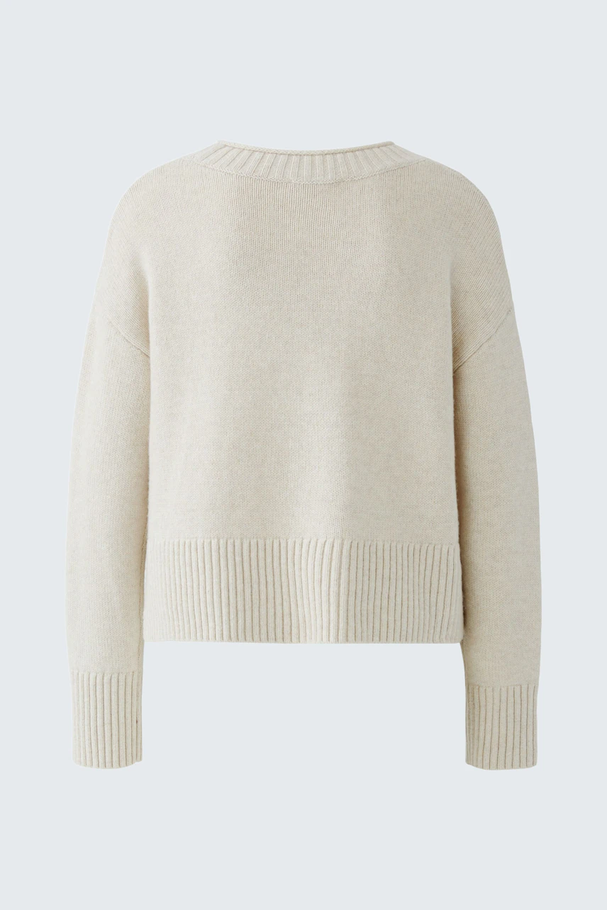 Beiger Damen-Pullover: Rückansicht eines lässigen, weichen Strickpullovers mit breitem Bund.