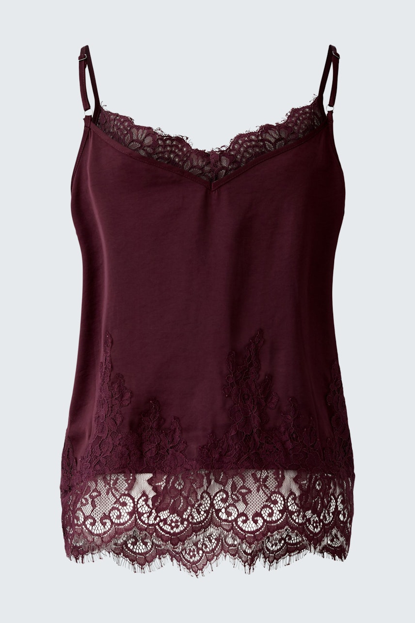 Damen-Top in Bordeaux mit feiner Spitze und Spaghettiträgern, ideal für lässige Looks.
