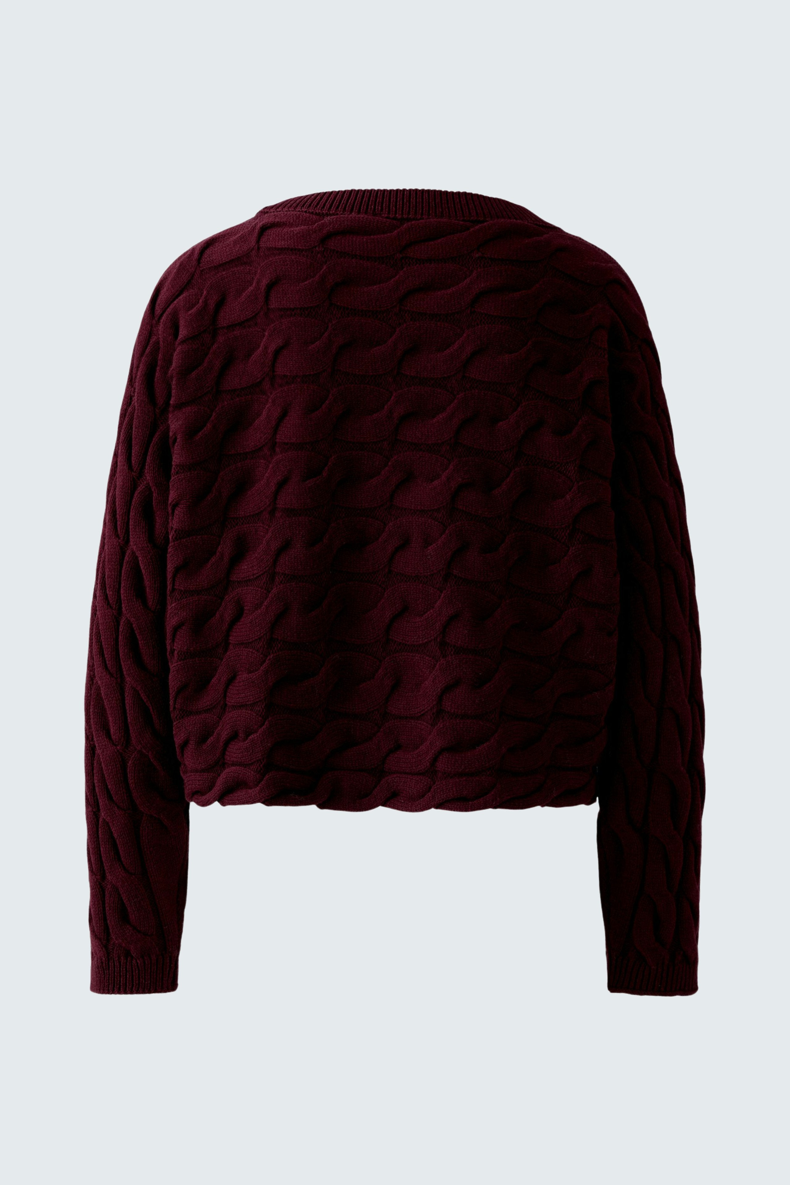 Casual women's pullover: Back view of a burgundy knitted pullover with a textured pattern.