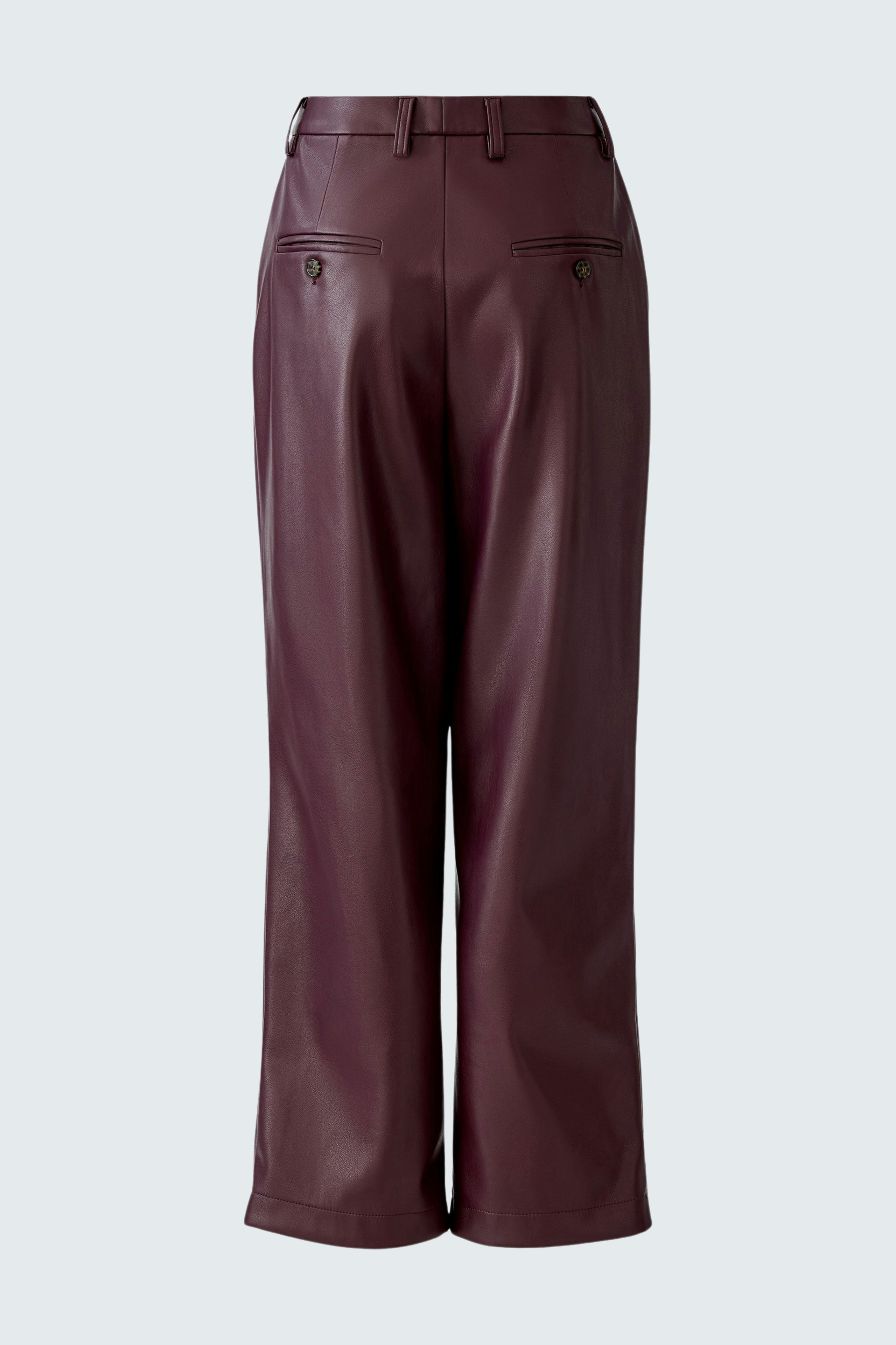 Wide-leg trousers: Burgundy high-waisted pants with a relaxed fit and front pockets.