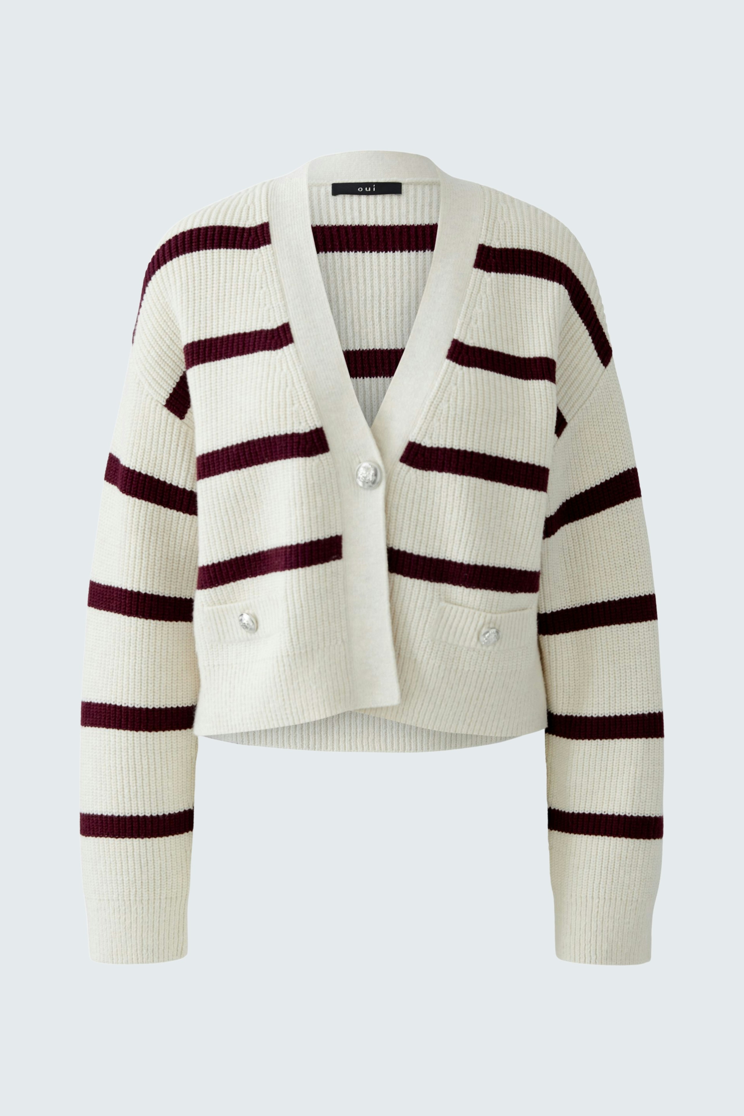 Casual women's cardigan: A cropped, striped pullover in cream and burgundy, perfect for layering.