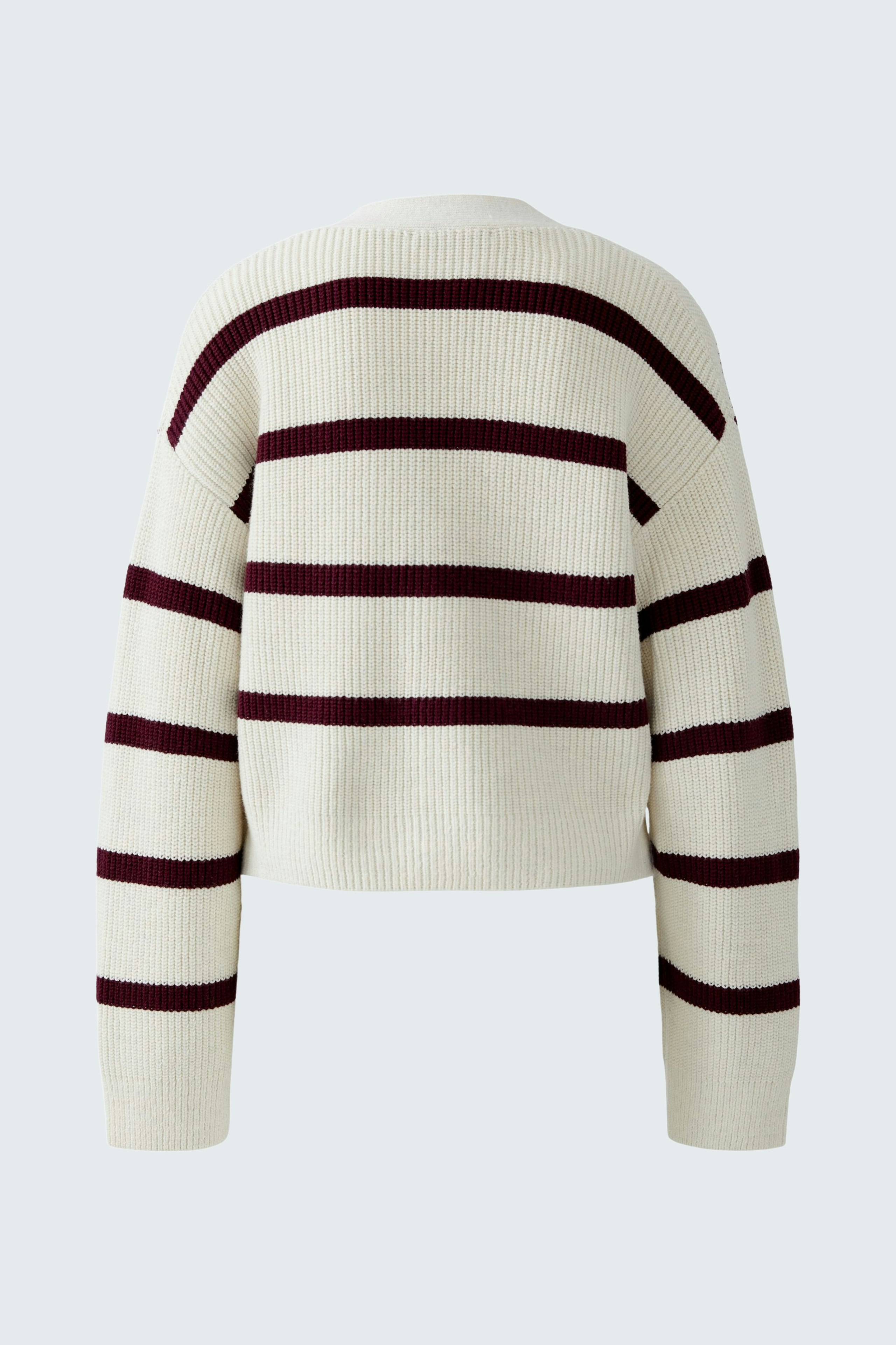 Casual women's cardigan: Back view of a cropped, striped pullover in cream and burgundy.