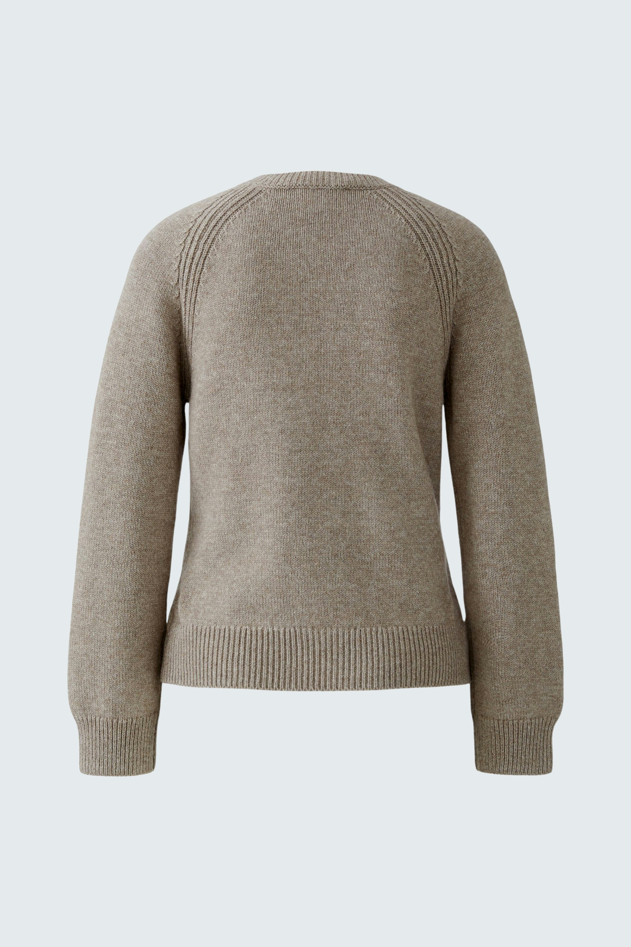 Casual women's cardigan: Back view of a soft beige pullover with ribbed hem and relaxed fit.