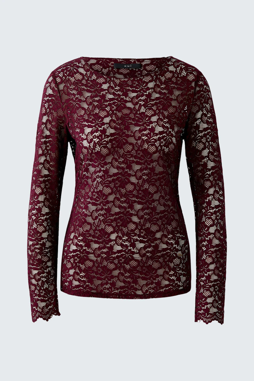 Damen-T-Shirt: Rotes, langärmliges Spitzenoberteil mit floralem Muster, ideal für lässige Anlässe.